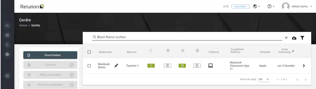 Ansicht in Relution mit einem Eintrag unter „Ausgeführte Richtlinie“ für ein beispielhaftes Gerät, das im MDM verwaltet wird