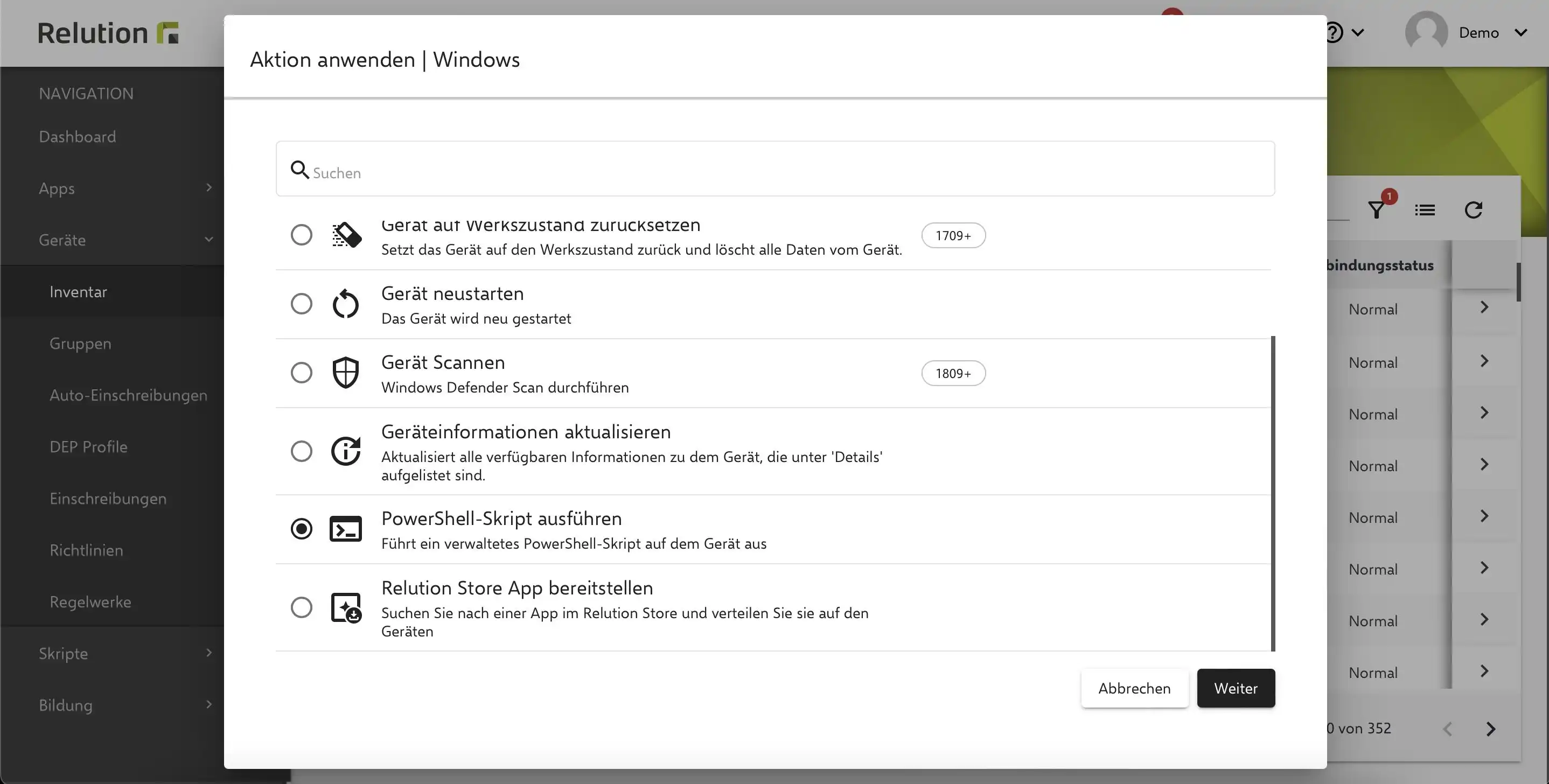 Relution-Oberfläche auf der Gerätedetailseite im Tab „Aktionen“ mit der Option, ein PowerShell-Skript für ein ausgewähltes Windows-Gerät auszuführen