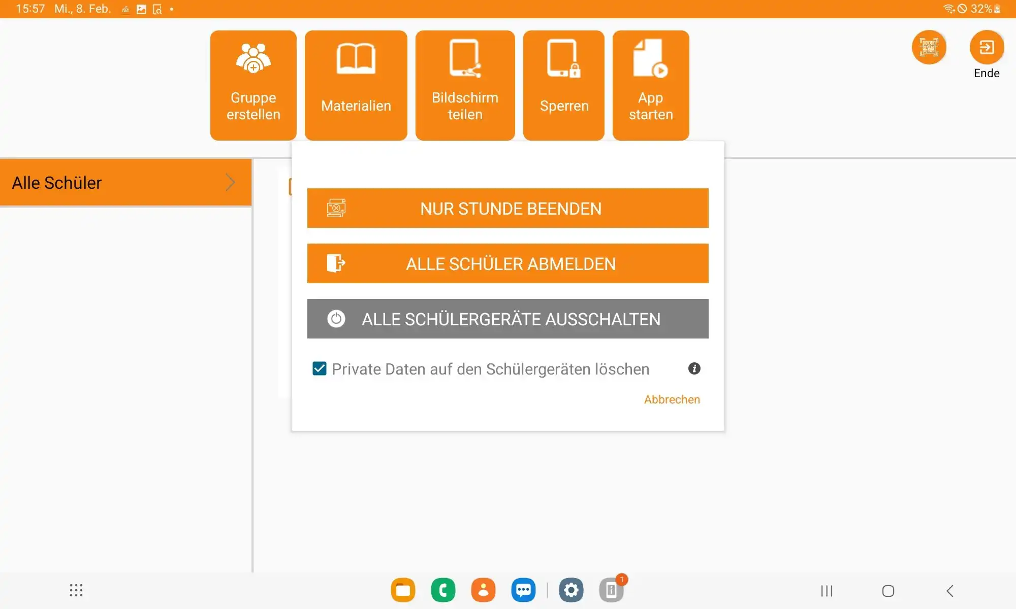 Menüleiste in der Samsung Classroom Management App mit Optionen zum Beenden des Unterrichts, Abmelden der Schüler, Ausschalten der Geräte und Löschen privater Daten