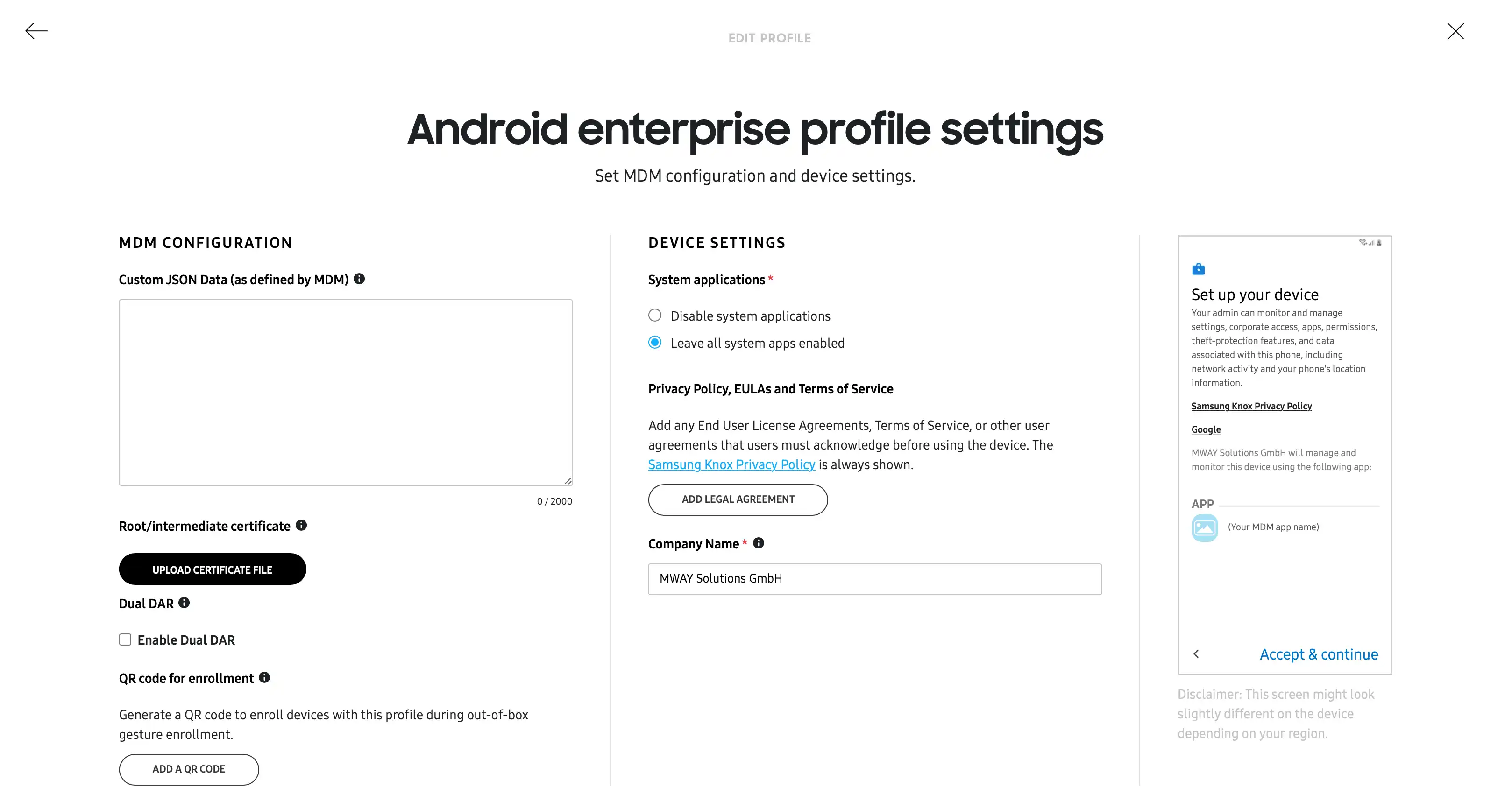 KME portalında şirket adı veya okul adını belirtme seçeneği dahil yeni bir Android Enterprise profili için ayarların genel görünümü
