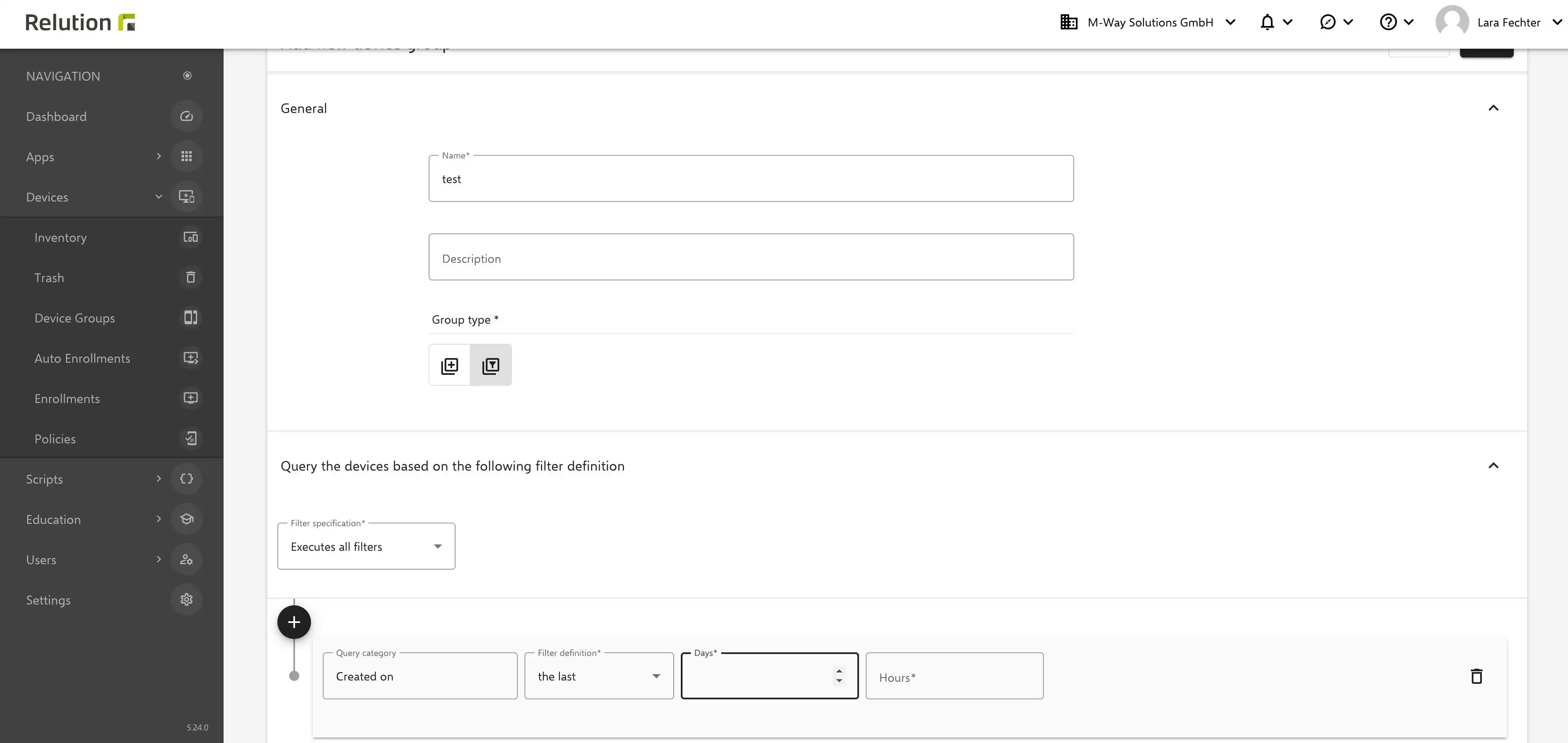 Configuration view in Relution showing dynamic device group filters with options to use relative date values for automated updating