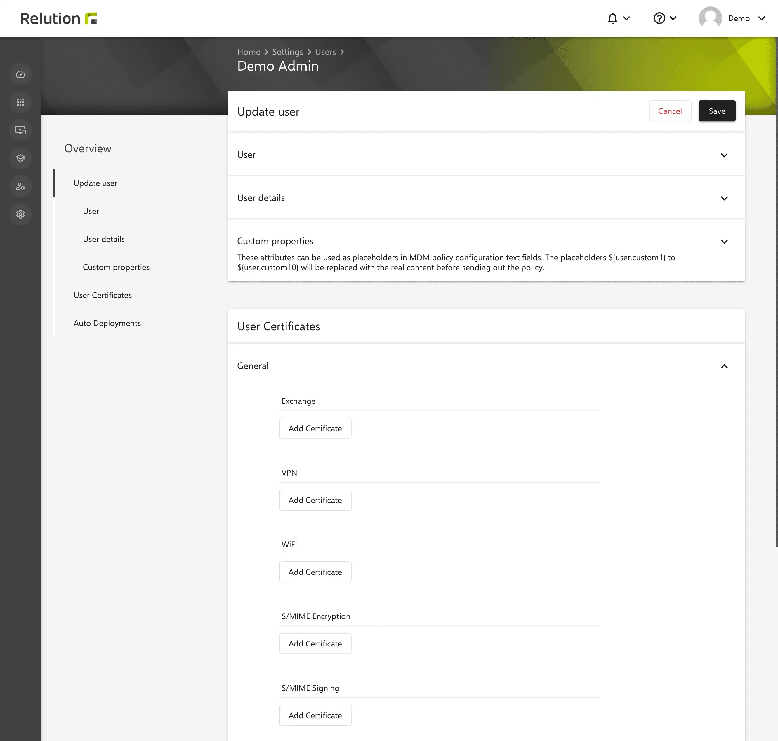 Configuración de Exchange en Relution con certificados por usuario almacenados para la firma y el cifrado S/MIME