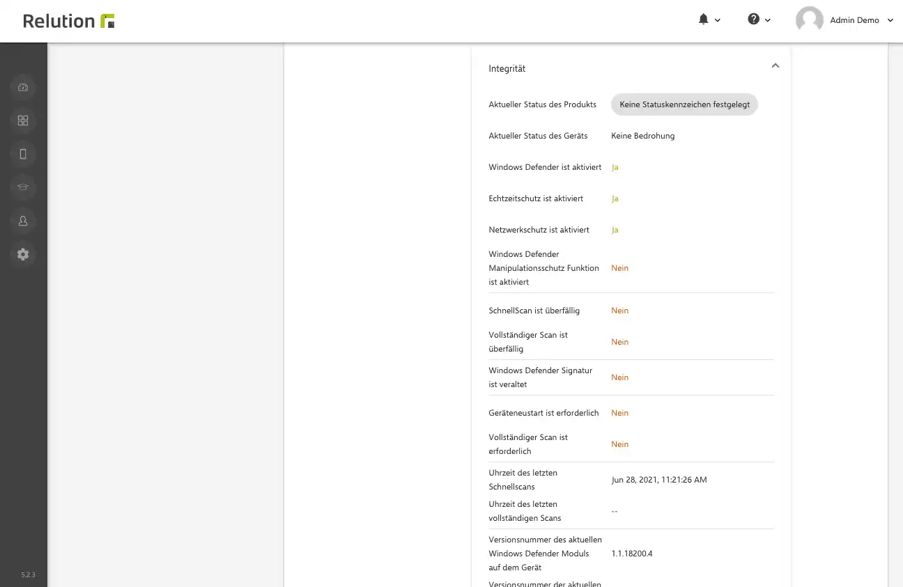 Geräteinformationen in Relution für Windows-Geräte mit erweitertem Bereich „Integrität“ zur Anzeige des Zeitpunkts des letzten Windows Defender Scans