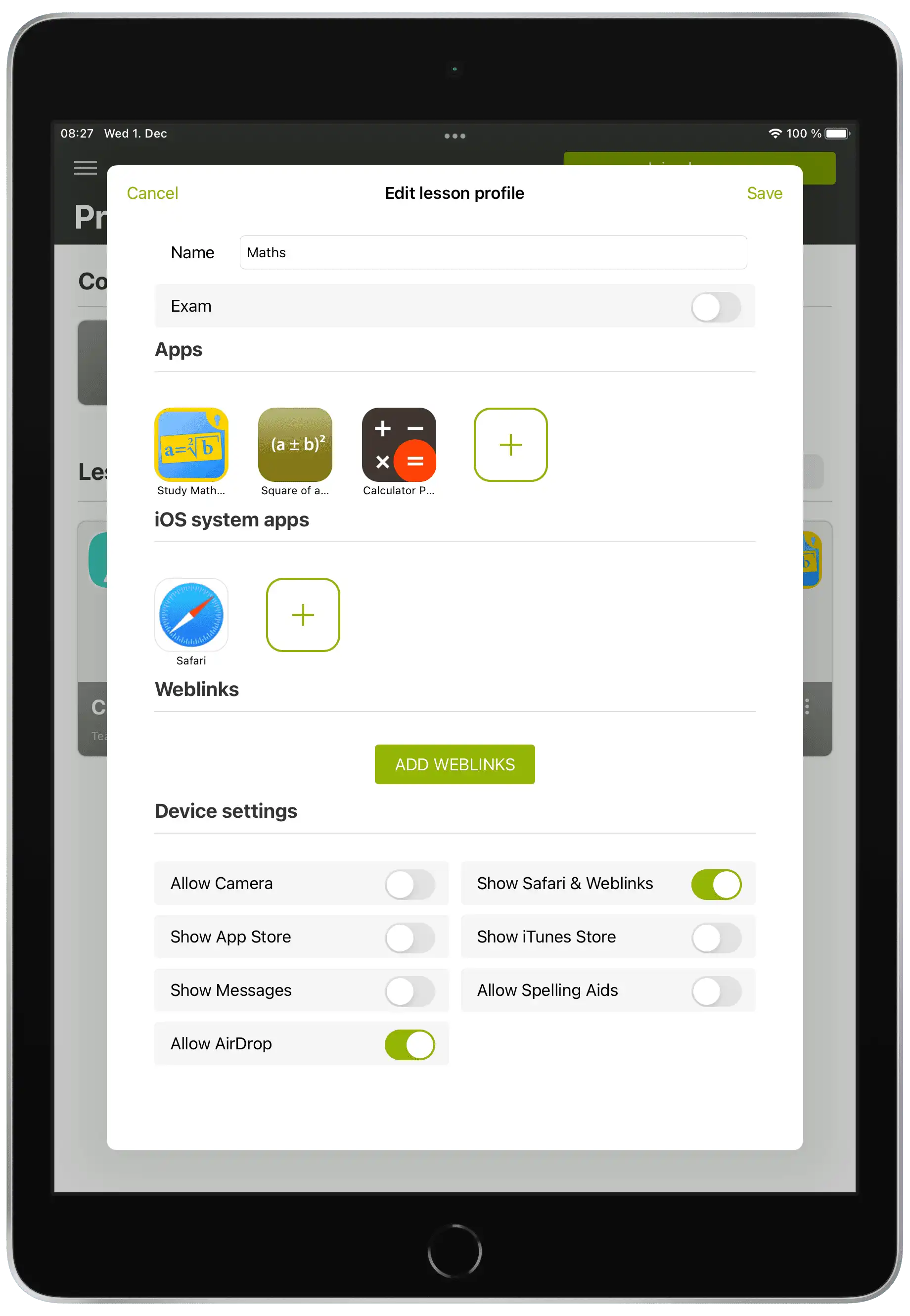Visualizzazione nell’app Relution Teacher con impostazioni per fornire app educative, collegamenti web e funzioni di sistema