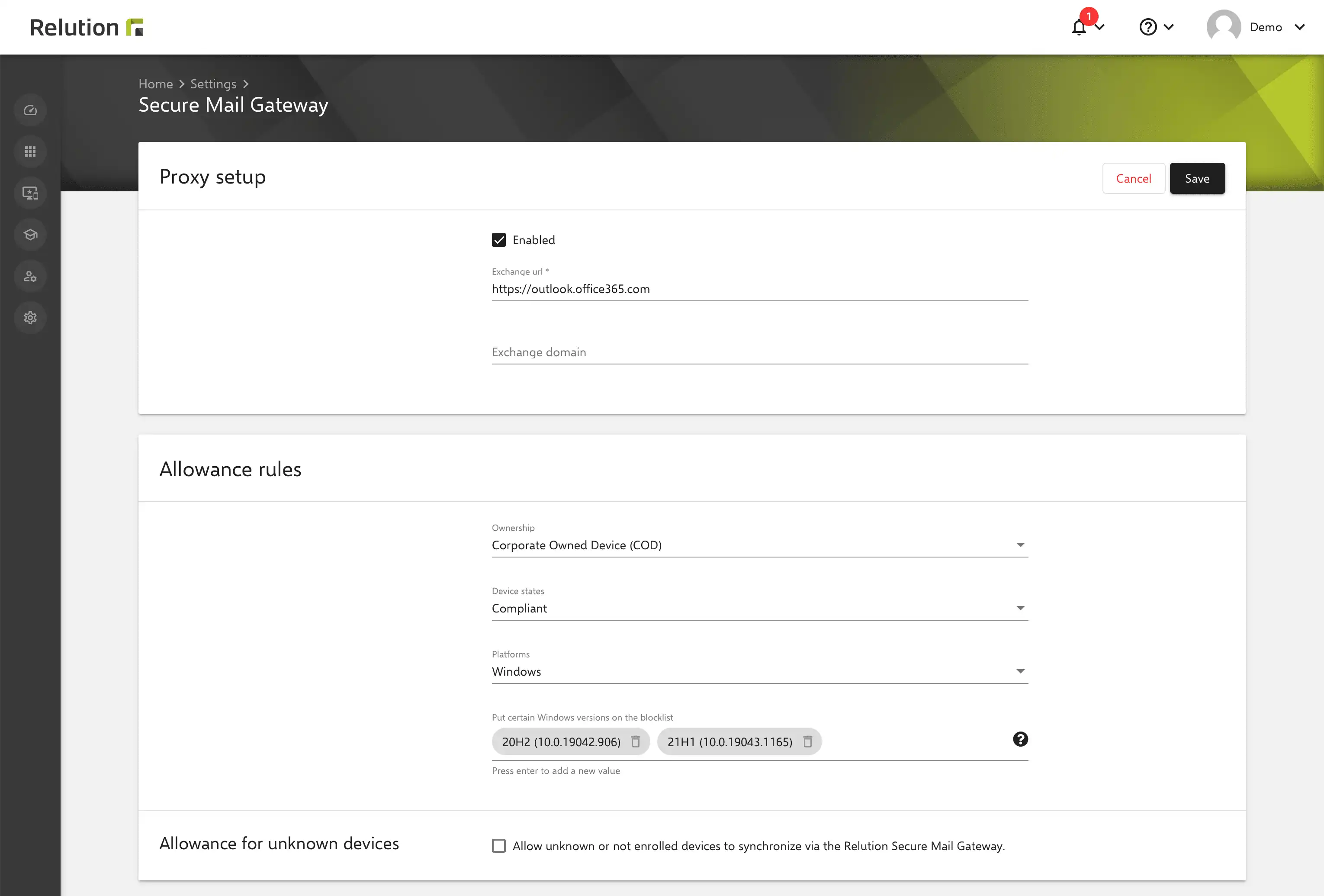 Selección del sistema operativo y exclusión de versiones específicas de Windows para la puerta de enlace de correo seguro en la configuración de Relution