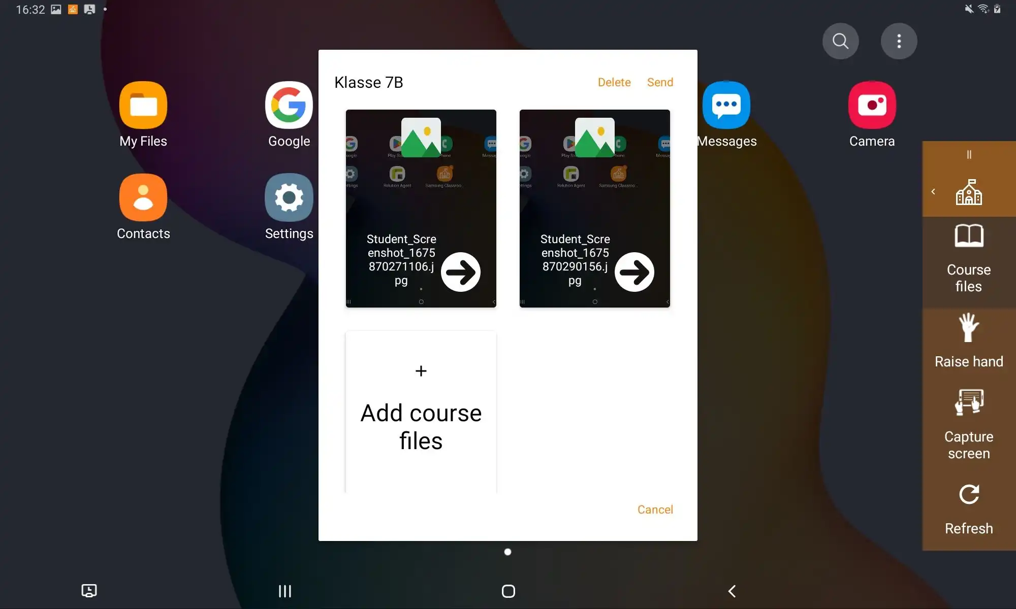 Resumen de ejemplos de materiales educativos en la aplicación Samsung Classroom Management con opciones de acceso para los estudiantes a los archivos necesarios