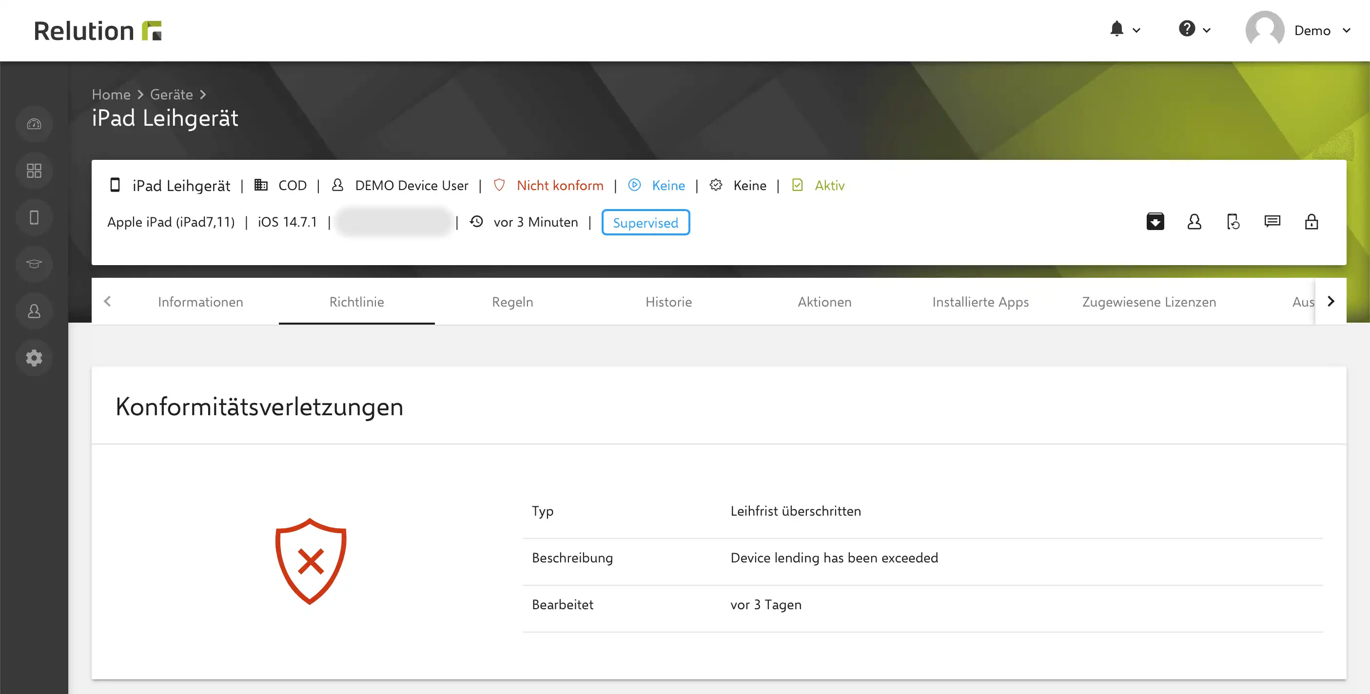 Detailansicht einer Konformitätsverletzung in Relution, die spezifische Informationen zur Ursache und den betroffenen Richtlinien anzeigt