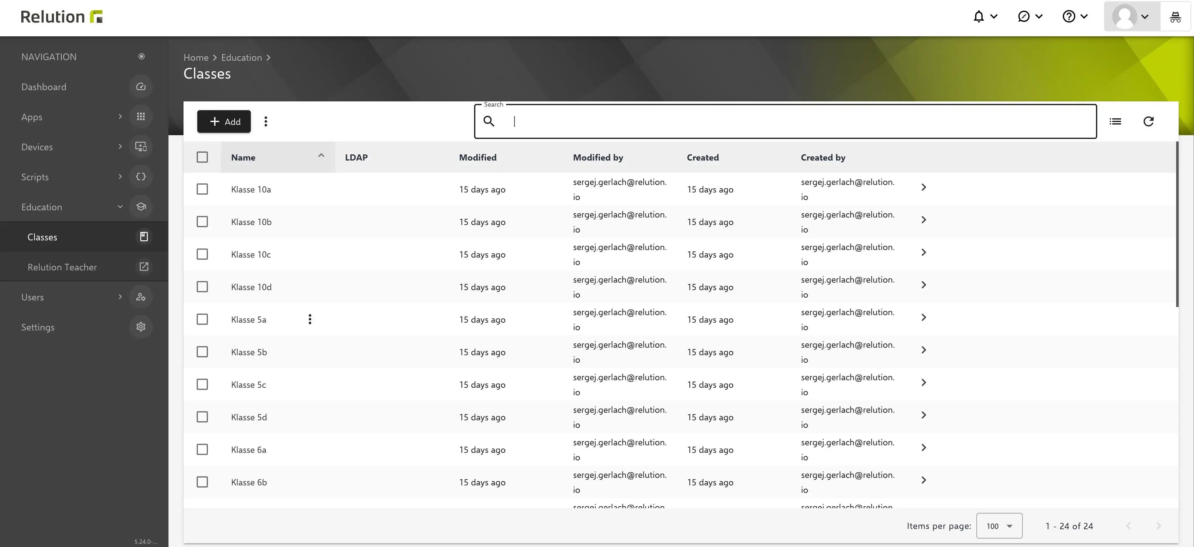Display of the Relution Teacher Web interface in the Relution Portal with options to create, start, and control lessons directly from the browser
