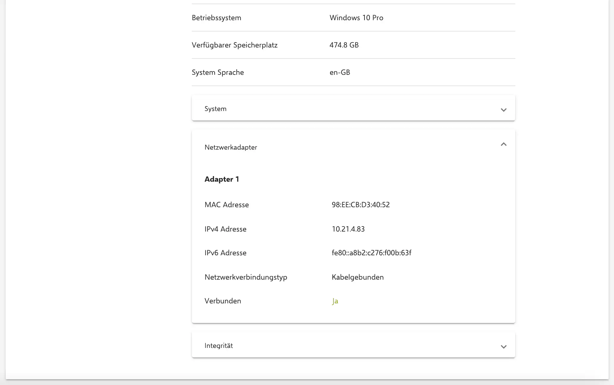 Gerätedetails in Relution mit einer ausklappbaren Sektion zur Anzeige der Netzwerkadapterinformationen auf Windows-Geräten wie MAC-Adresse und Verbindungstyp