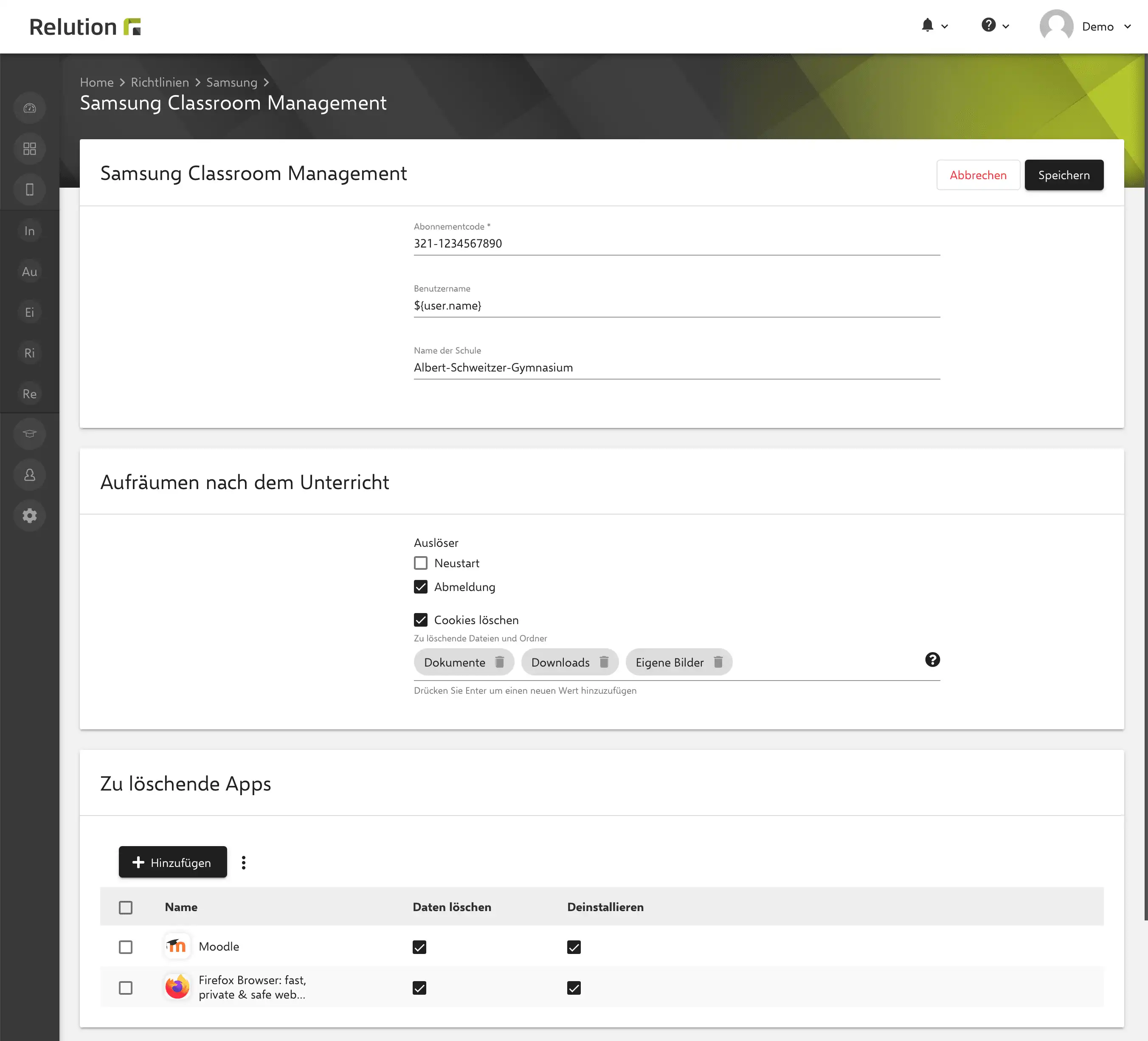 Konfiguration „Samsung Classroom Management“ in einer Android Enterprise Richtlinie zur Datenbereinigung und Datenschutzverwaltung auf Geräteklassen, einschließlich automatischer Cookie-Löschung und gezieltem Löschen von App-Daten oder ganzen Apps