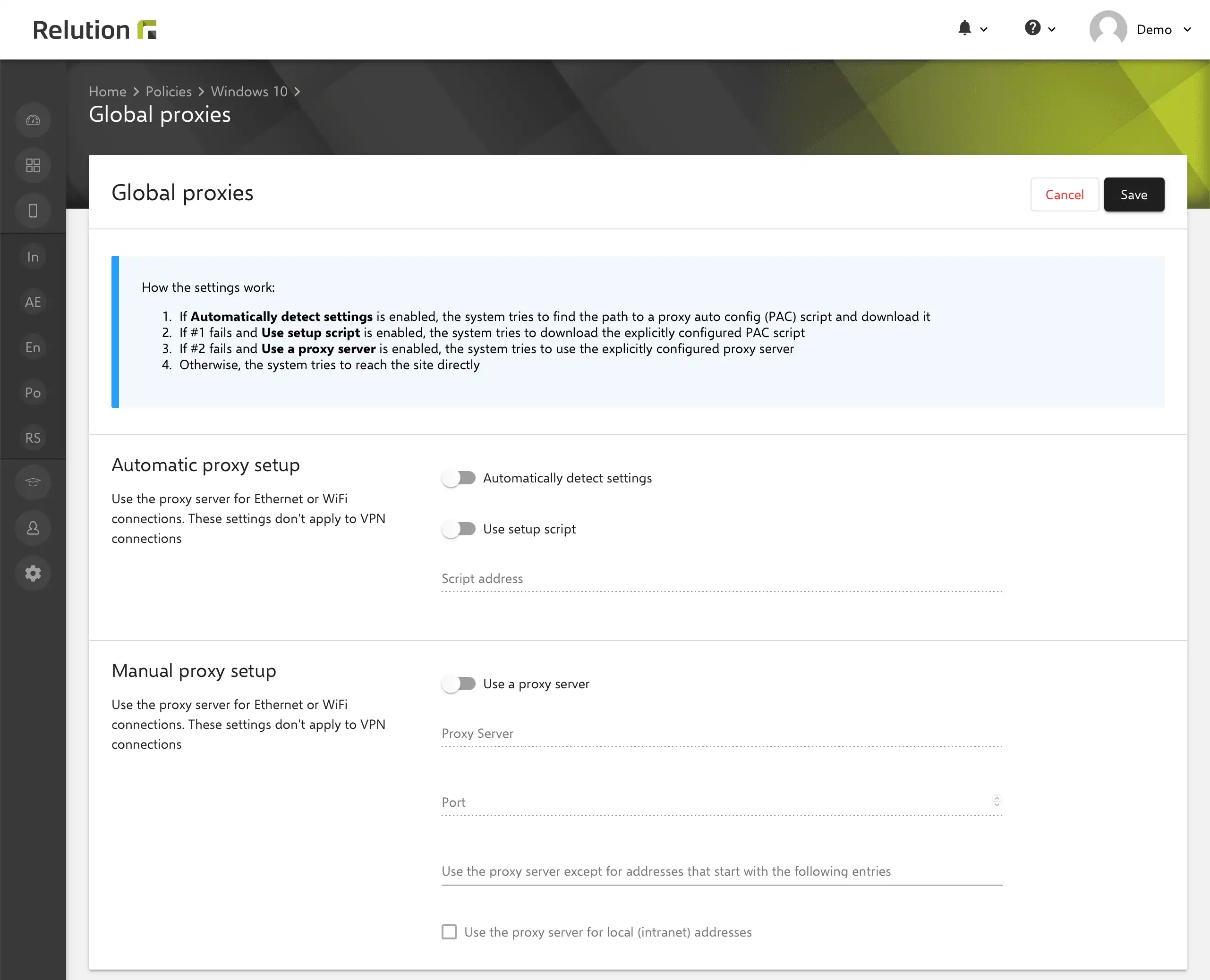 Opzioni di configurazione in Relution per i proxy globali con configurazione automatica o manuale, utilizzabili come filtri di protezione per i bambini nell'istruzione domiciliare