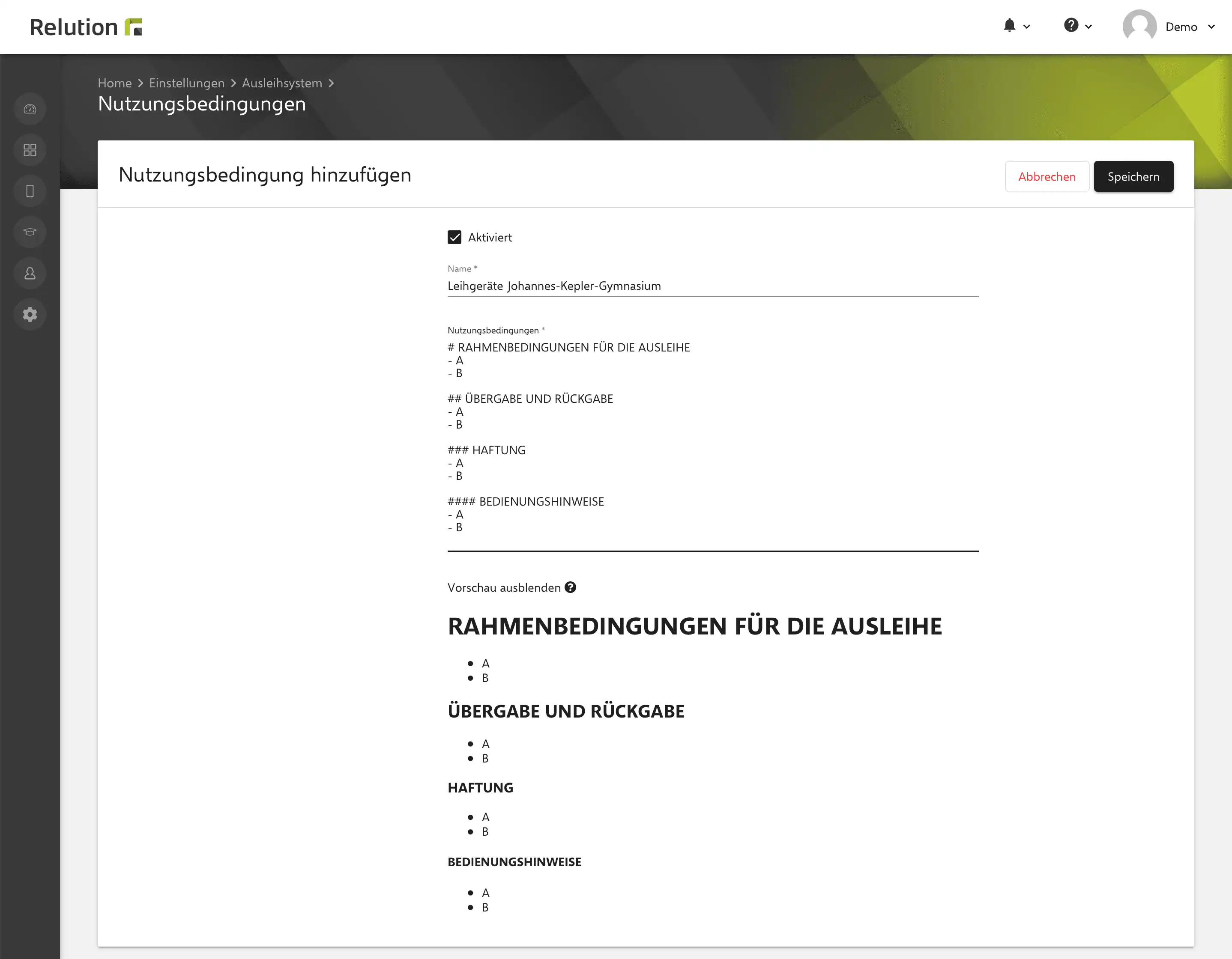 Darstellung von Informationen in der Relution App, die unter ‚Einstellungen‘ -> ‚Ausleihsystem‘ mit Markdown formatiert und als verschiedene Nutzungsbedingungen hinterlegt werden können