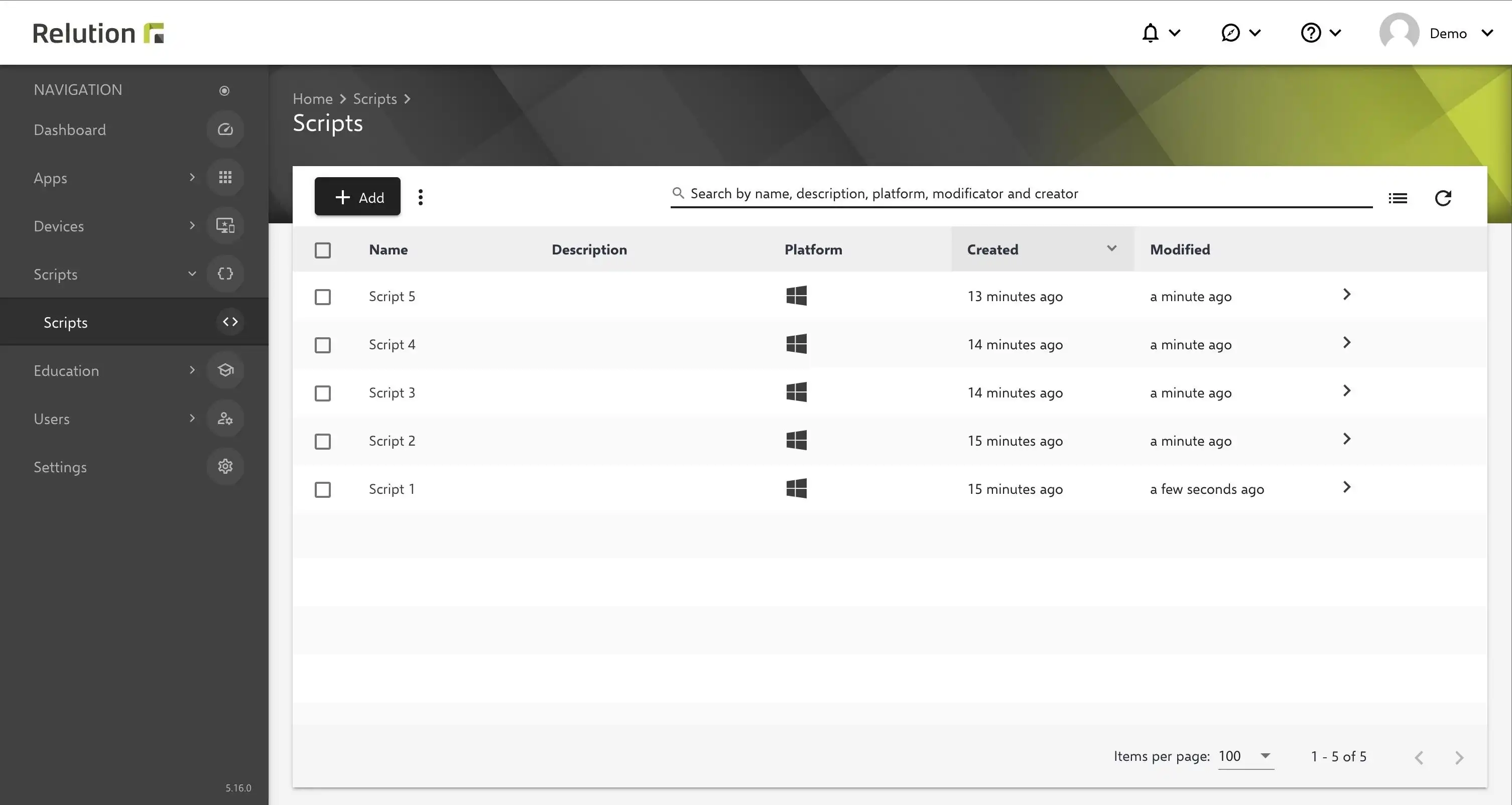 Panoramica degli script PowerShell nel portale Relution con opzioni per importare e selezionare script salvati