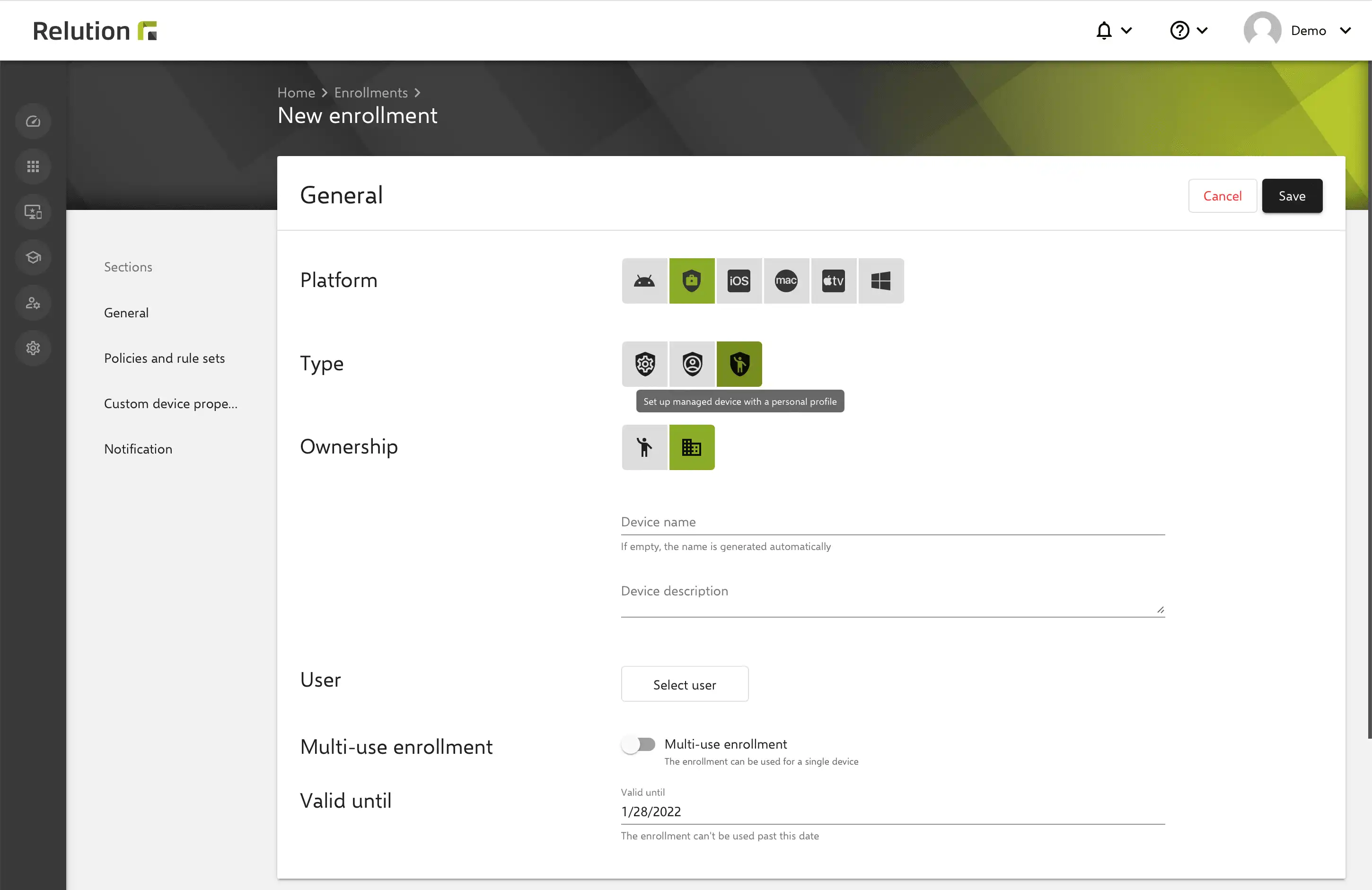 Vista dell'enrollment in Relution con l'opzione di selezionare il tipo "Managed Device with Work Profile" in Android Enterprise