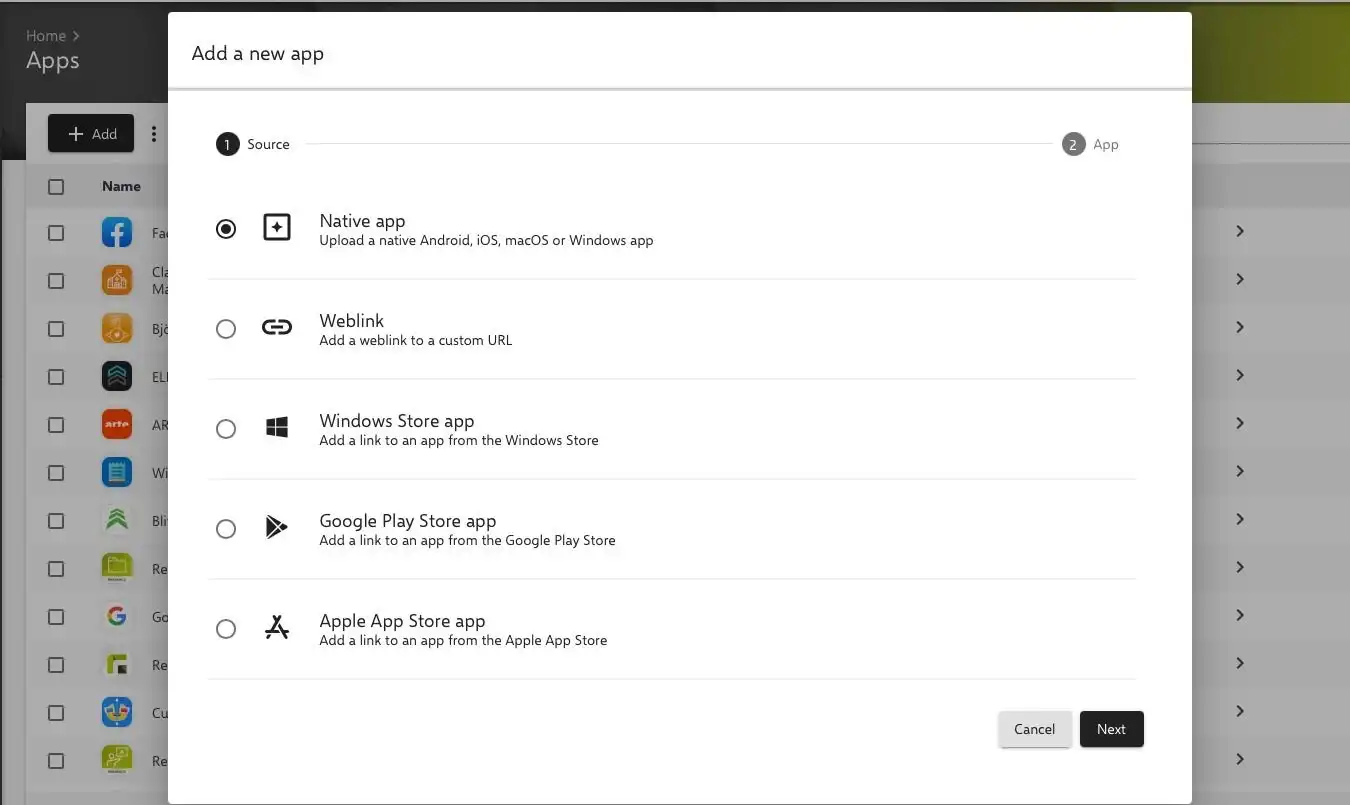 Máscara de entrada en el Relution App Store con la opción « Native App » en el inventario de aplicaciones para agregar aplicaciones clásicas como « .msi » y « .exe » para su instalación en dispositivos Windows
