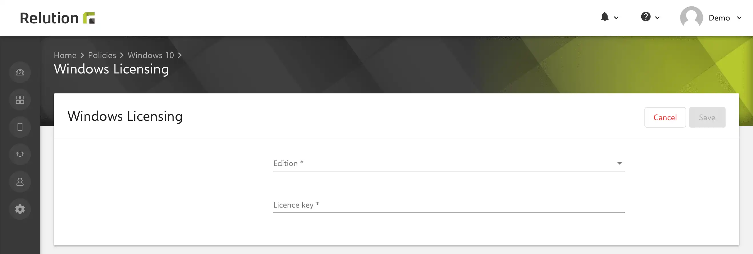 Vue de configuration dans Relution pour gérer les licences Windows en enregistrant des clés de licence compatibles avec plusieurs éditions de Windows 10