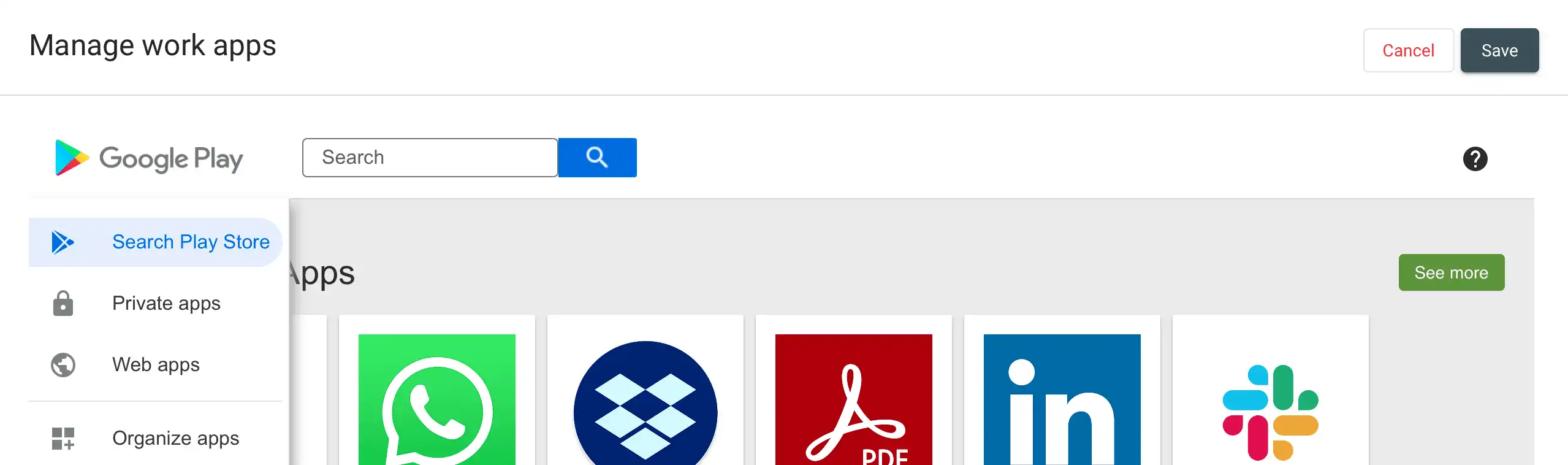 Vista del menu in Relution con l'opzione di selezionare e installare "Private Apps" sui dispositivi Android Enterprise