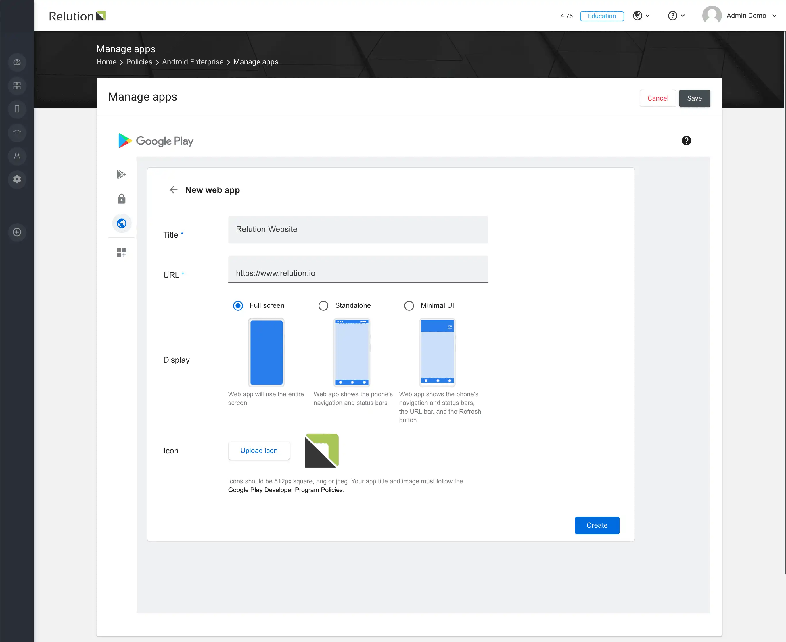 Vista dell'interfaccia Relution con l'opzione di aggiungere collegamenti web nel Managed Play Store con parametri come titolo, URL, modalità a schermo intero e caricamento delle icone