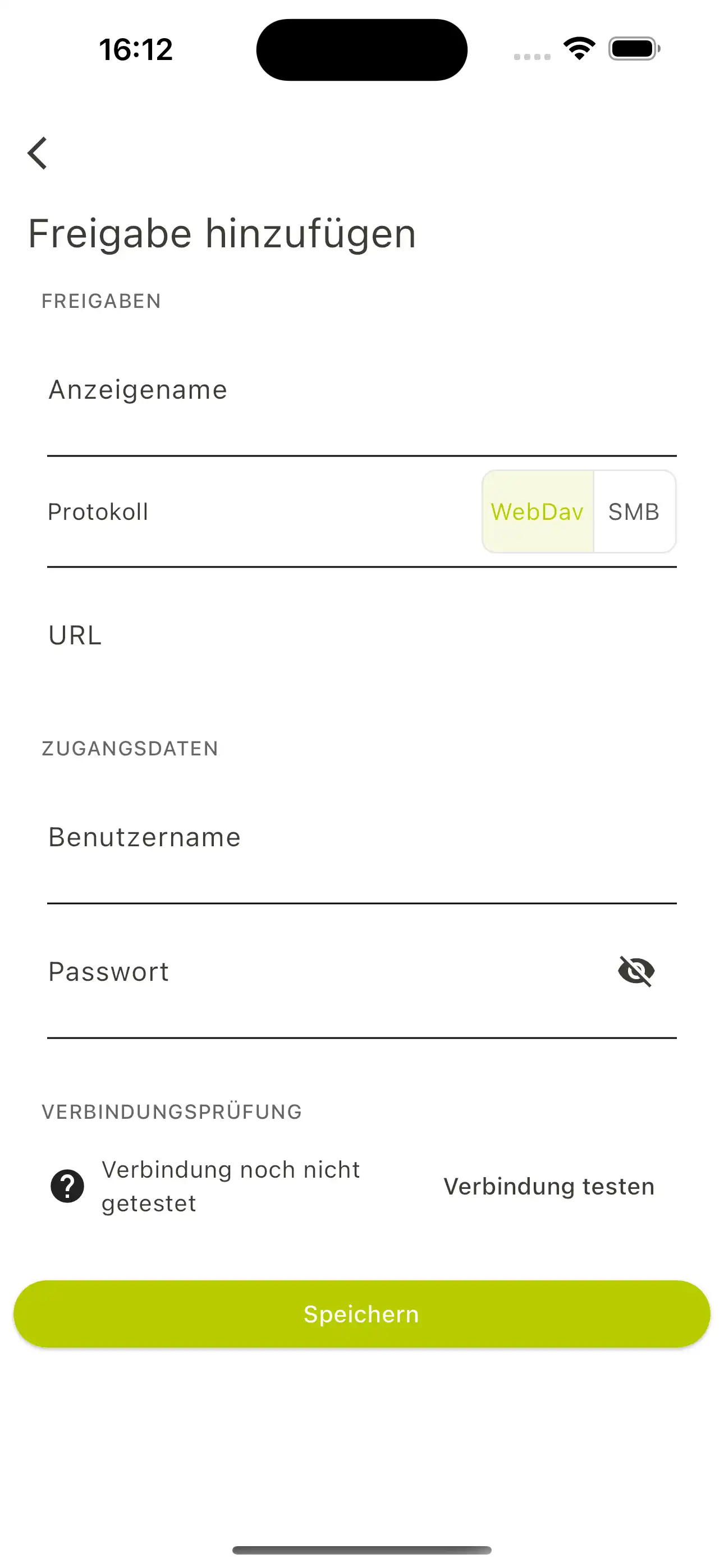 Ein Screenshot aus Relution zeigt die notwendigen Angaben, um die Konfiguration einer Relution Dateifreigabe einer iOS-Richtlinie hinzuzufügen