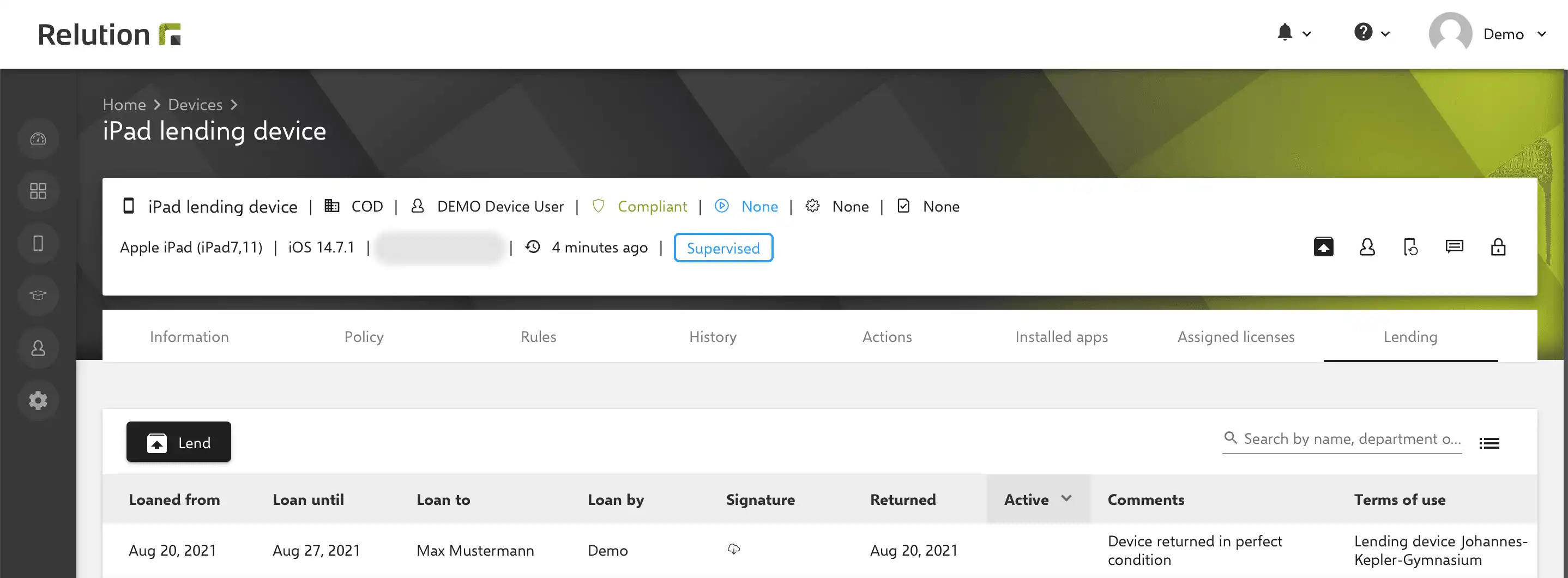 Vue d'ensemble dans Relution « Prêt » montrant un appareil retourné qui est de nouveau disponible en tant qu'appareil de prêt
