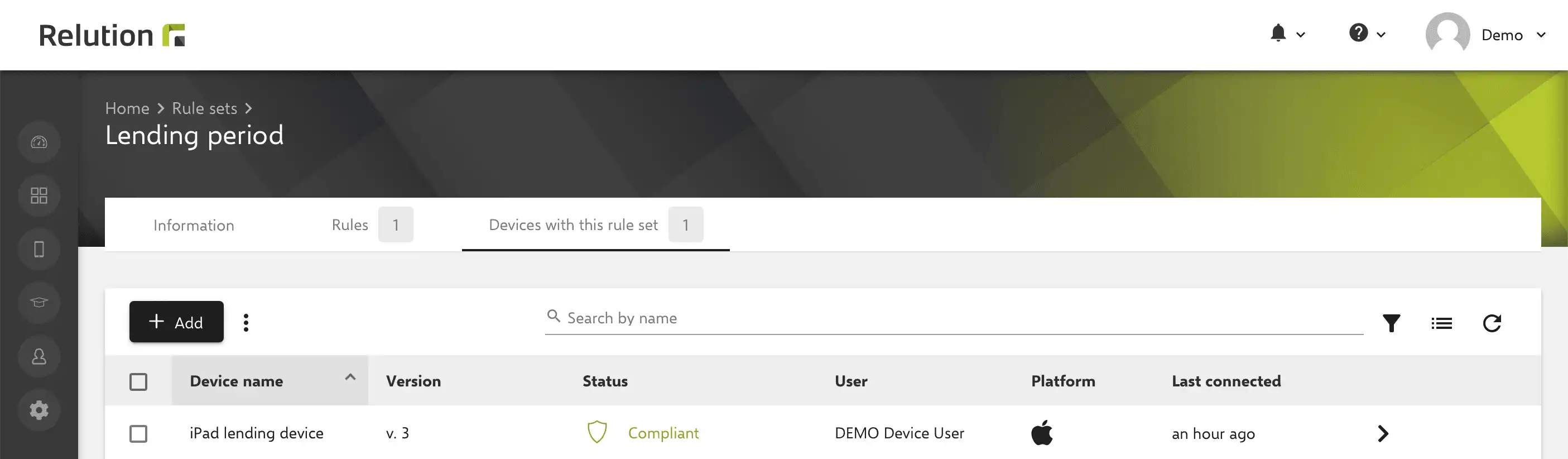Affichage dans l'application Relution montrant un appareil de prêt spécifique attribué à une règle pour les périodes de prêt