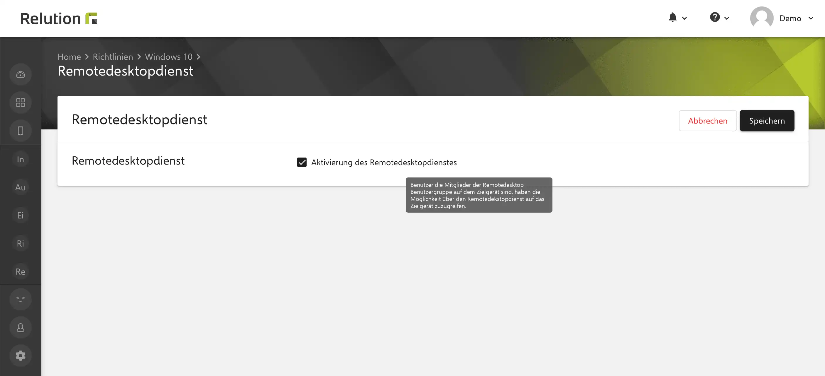 Konfigurationsansicht in Relution zur Aktivierung des Remotedesktopdienstes auf Windows 10 Geräten für die Nutzung durch Mitglieder der Remotedesktop Benutzergruppe