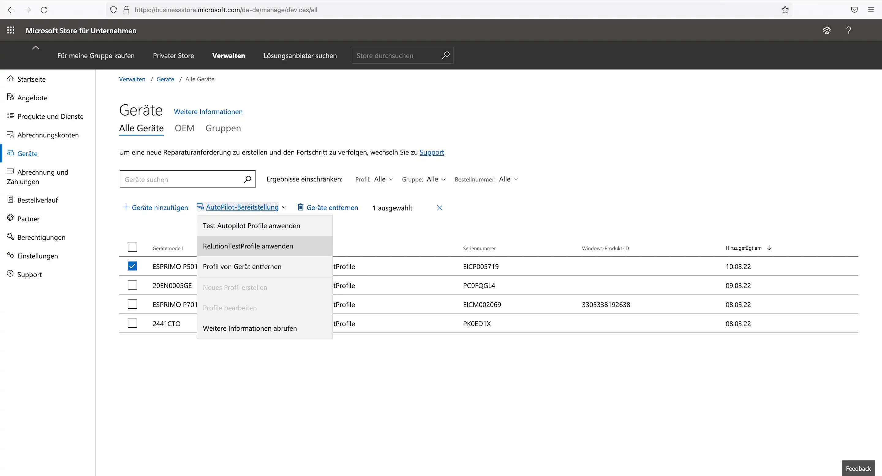 Übersicht in Microsoft Azure zur Vorbereitung der Out-of-the-Box-Experience (OOBE) mit der Option, erstellte Profile auf Geräte anzuwenden