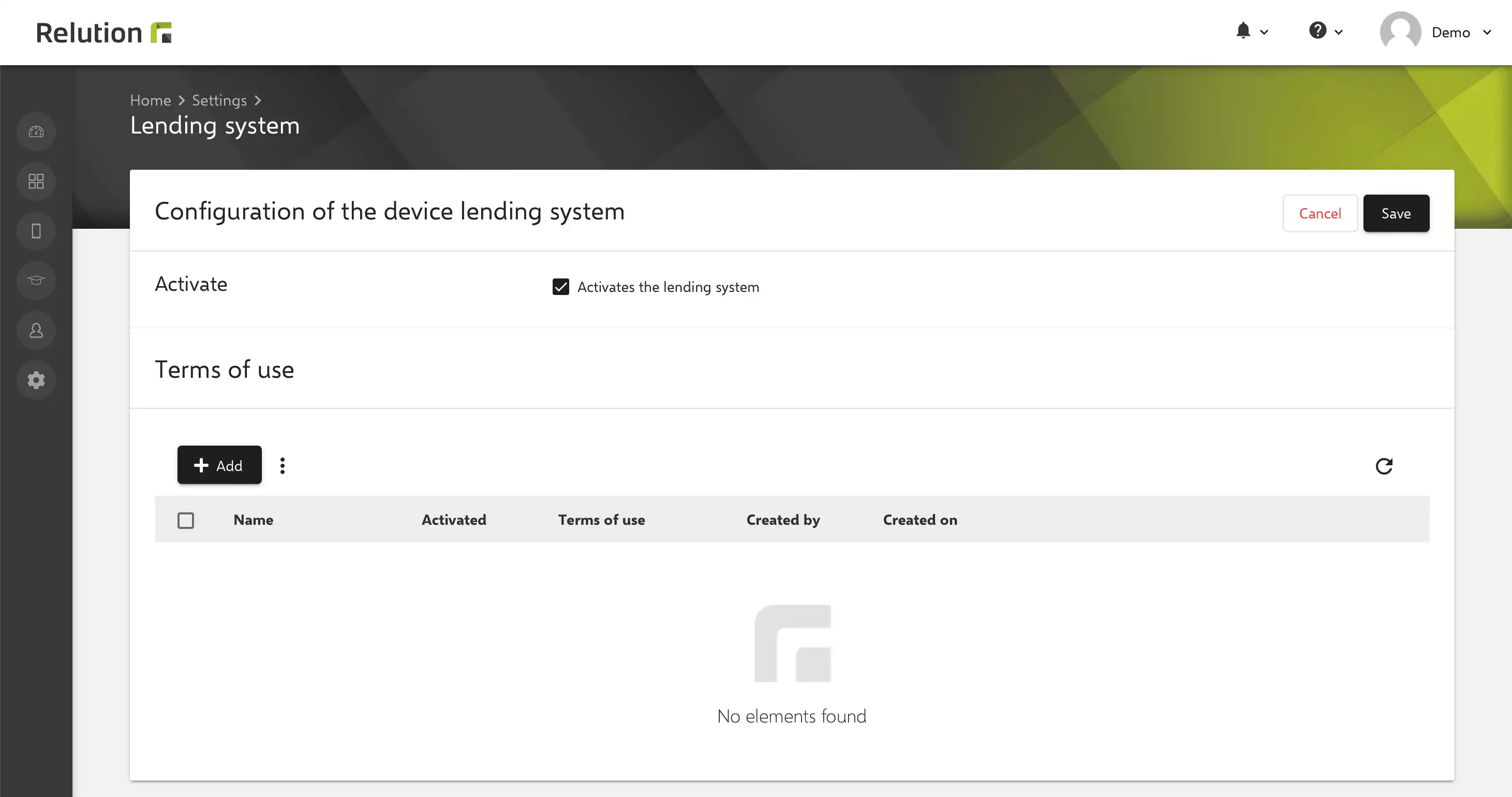 Capture d'écran de l'interface de prêt dans l'application Relution avec une option pour ajouter des conditions d'utilisation pour le prêt d'appareils