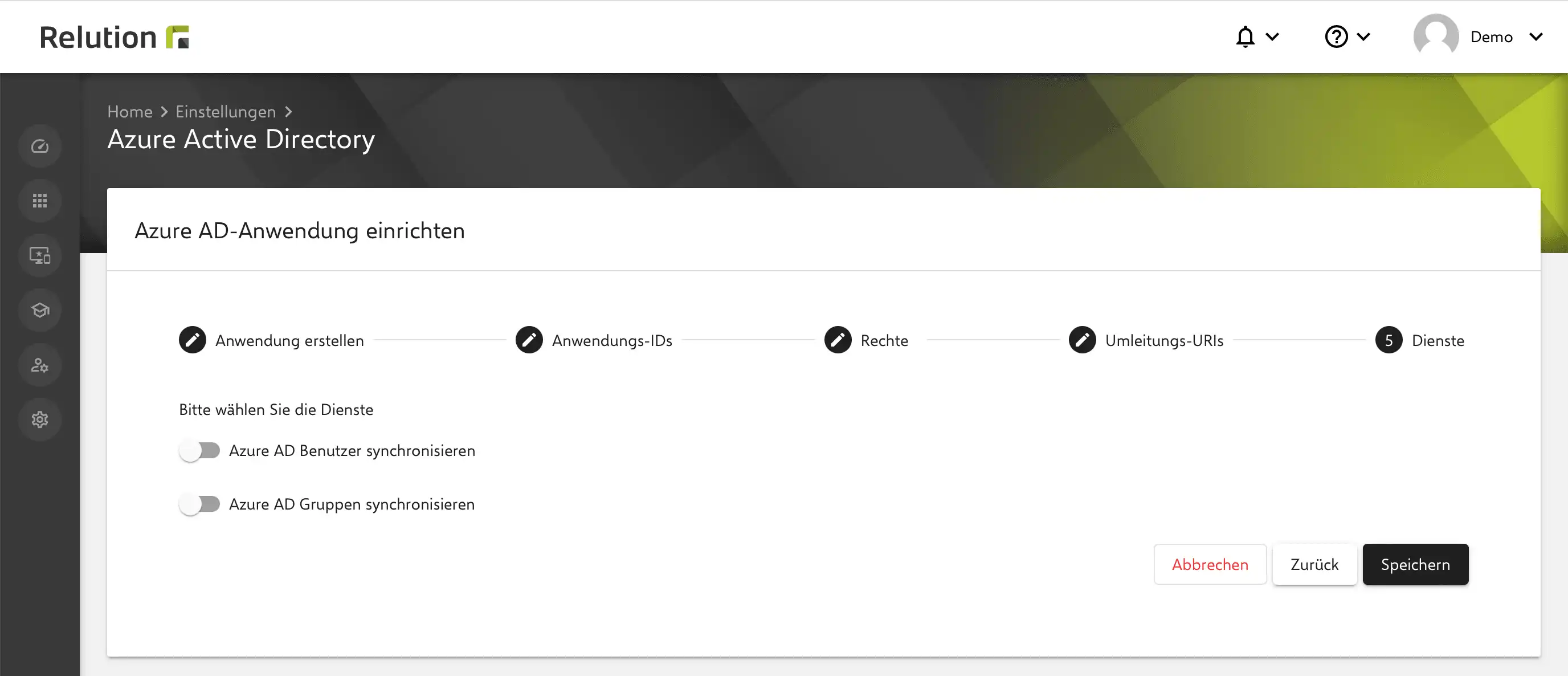 Einstellungsansicht in Relution mit der Option, Azure AD-Benutzer und -Gruppen zu synchronisieren und die Einrichtung durch „Speichern“ abzuschließen
