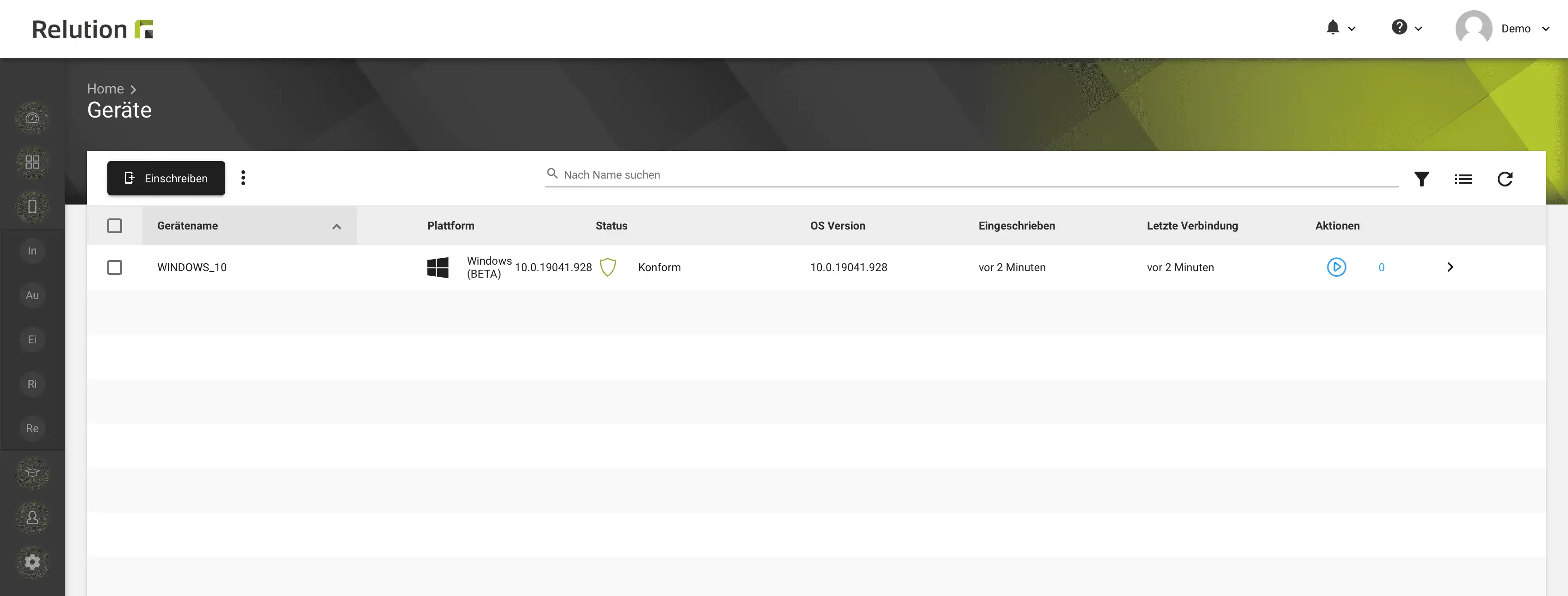 Anzeige des eingeschriebenen Windows 10/11-Geräts in der Inventarliste von Relution