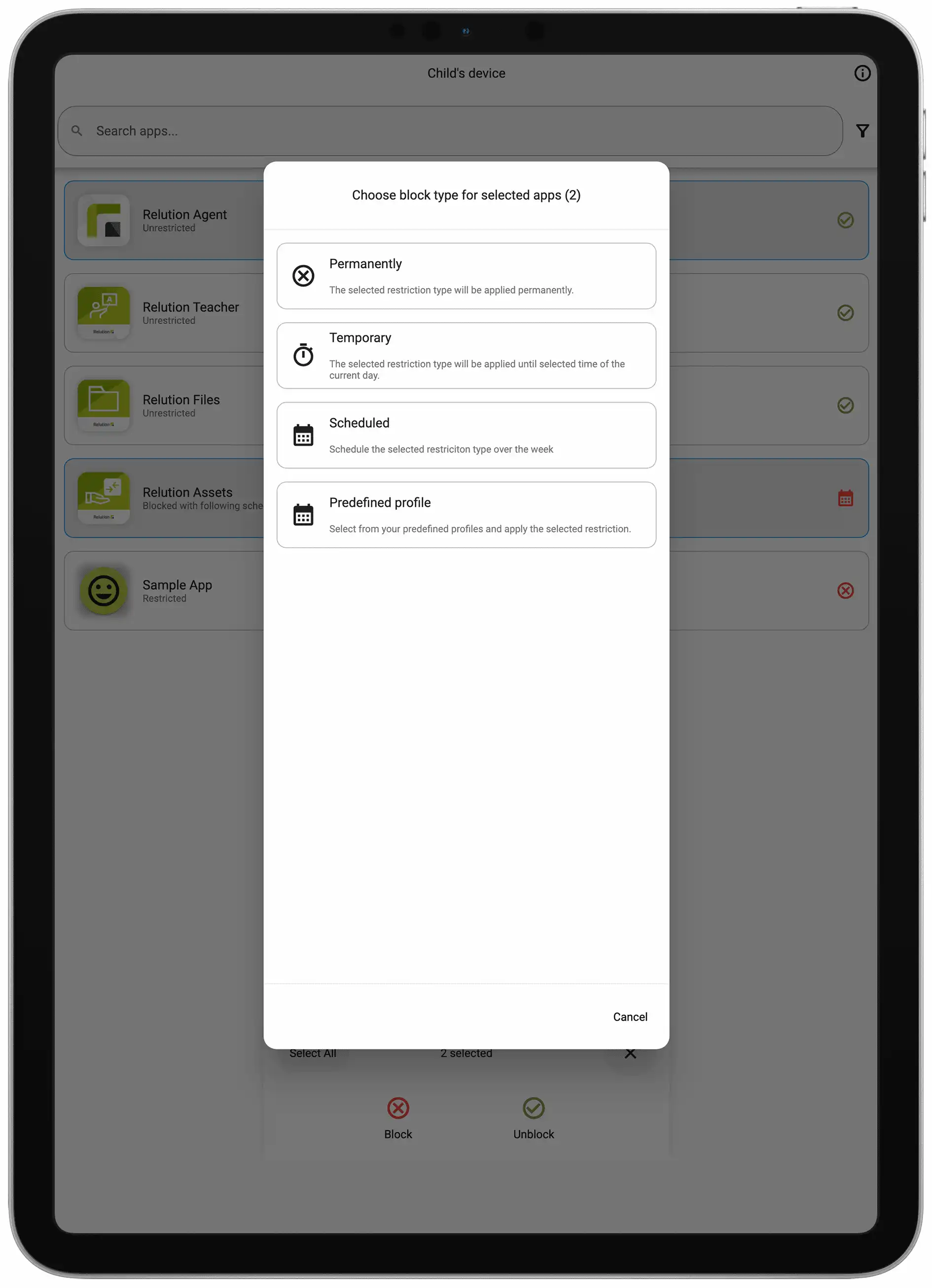 Vue dans l'application Relution Parent affichant une liste d'applications sur l'appareil de l'élève avec des options pour bloquer ou débloquer des applications individuelles
