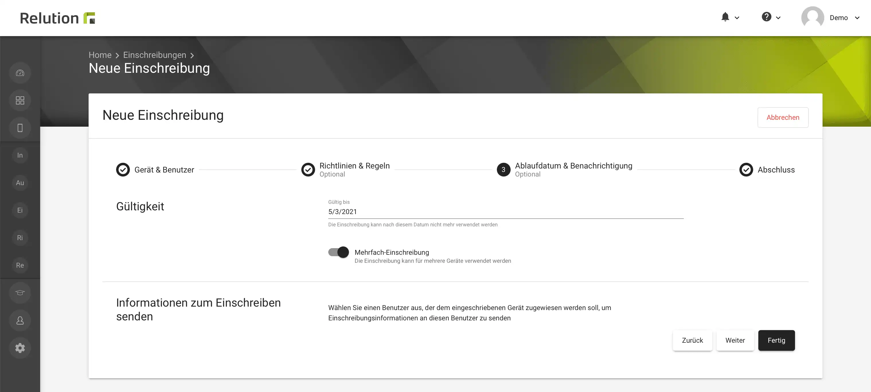 Erstellung eines Multi-Enrollment-Codes in Relution zur vereinfachten Einschreibung vieler Geräte, wie Android Enterprise oder BYOD-Geräte