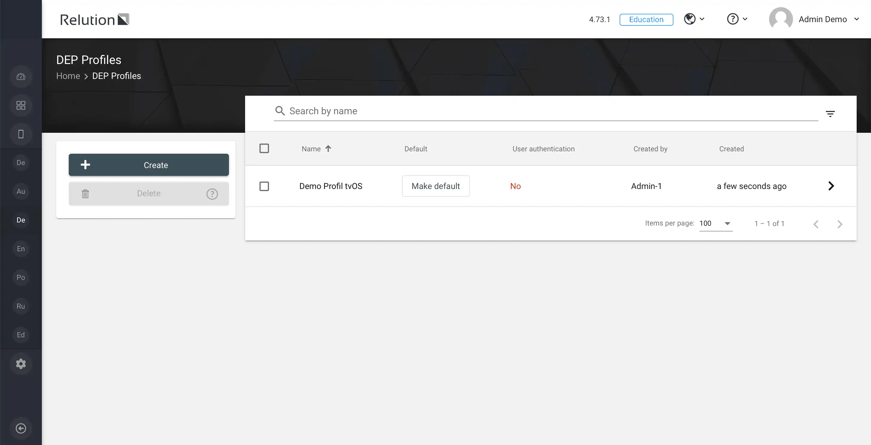 Screenshot of the auto enrollment feature for tvOS devices in Relution using a DEP profile