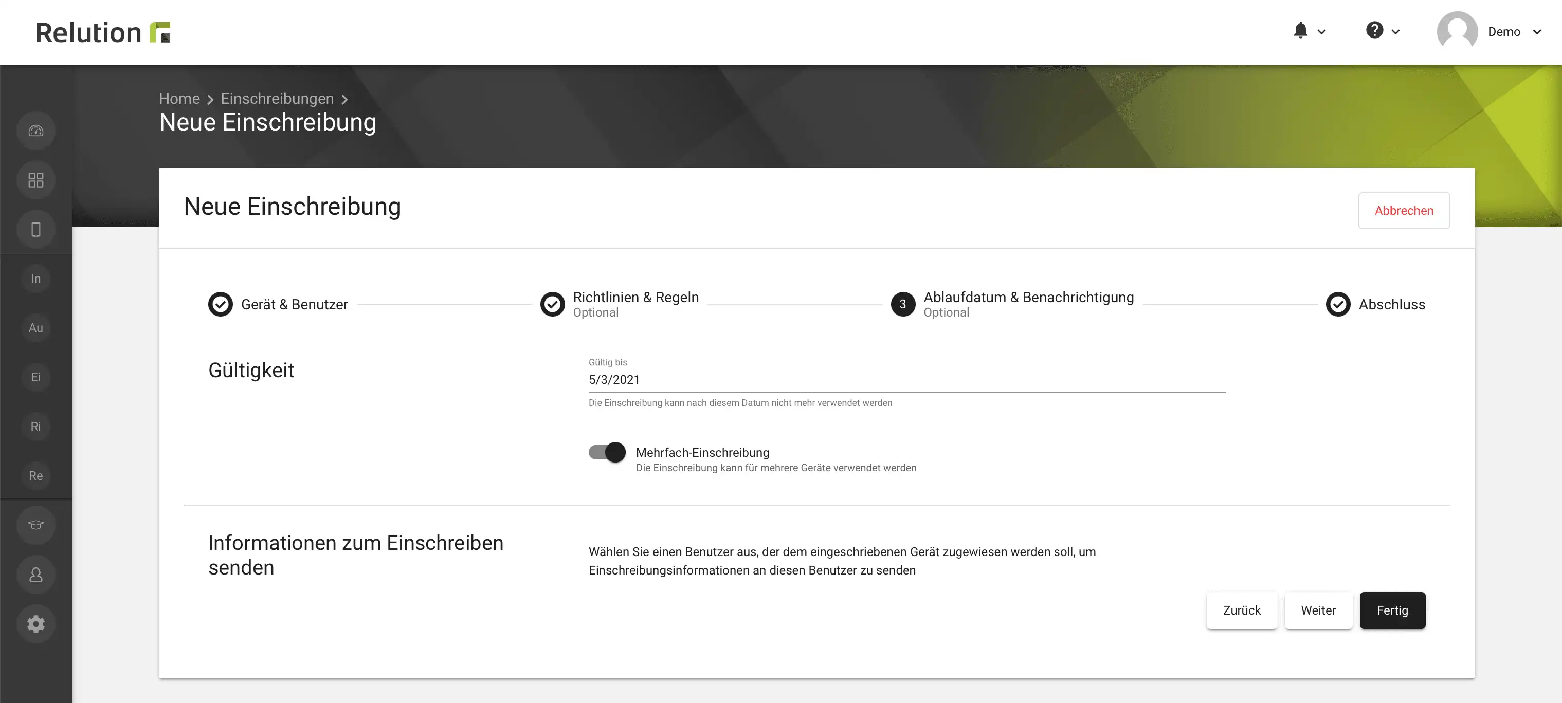 Ansicht im Relution-Portal mit aktivierter Option „Mehrfach-Einschreibung“ zur Erstellung eines Multi-Enrollment-Codes für die Nutzung als Custom JSON