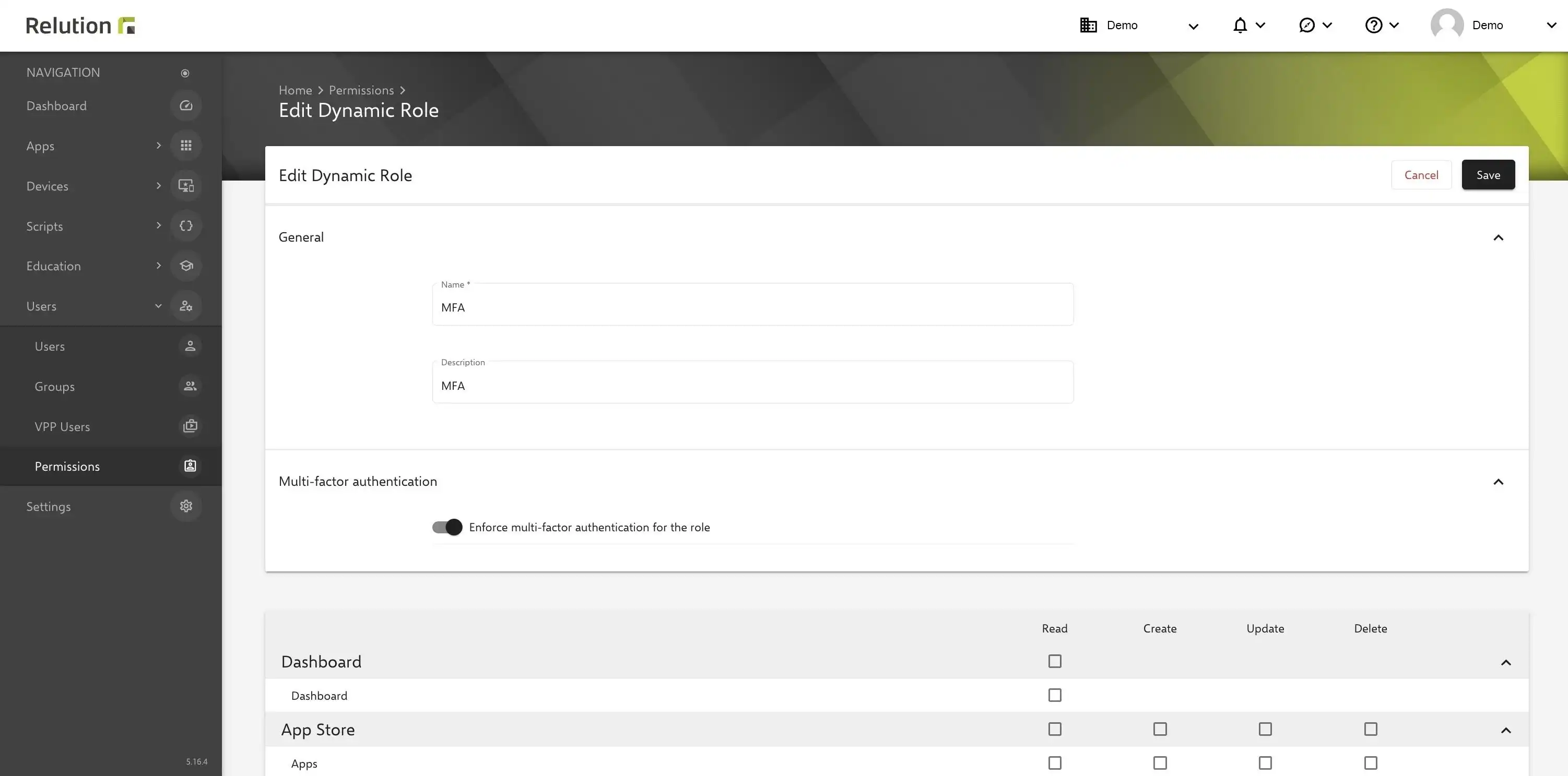 Configuration view in the Relution permission system to enforce MFA login for roles or groups