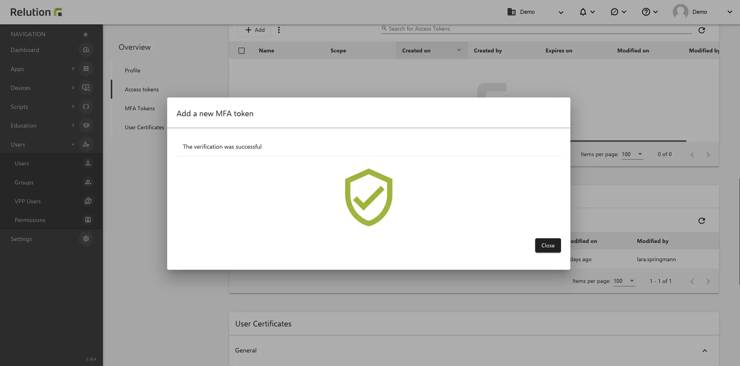 Notification in Relution confirming successful verification after adding a new MFA token