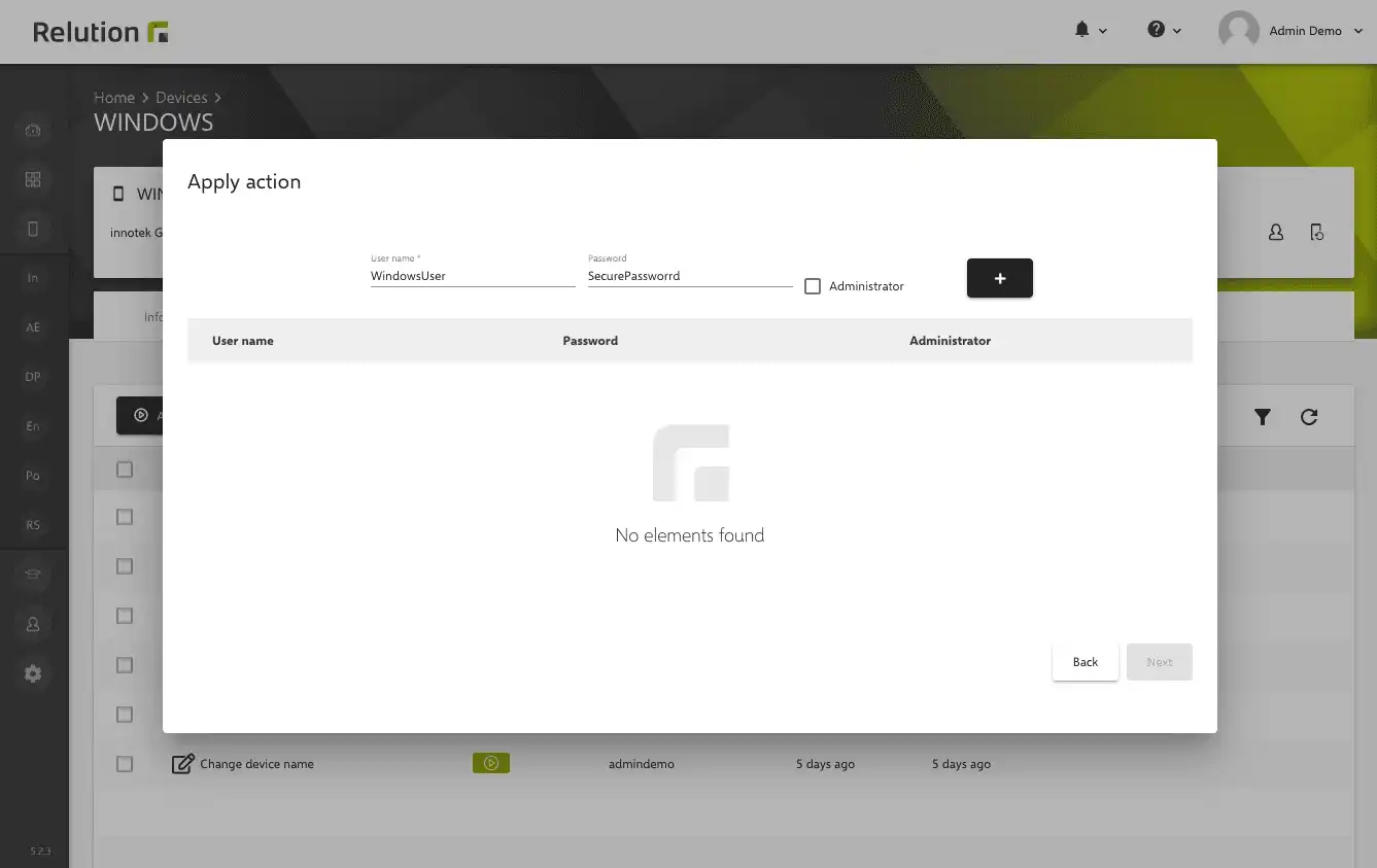 Action in Relution for creating new local user accounts on Windows devices, including the option to set an initial password and define the account type