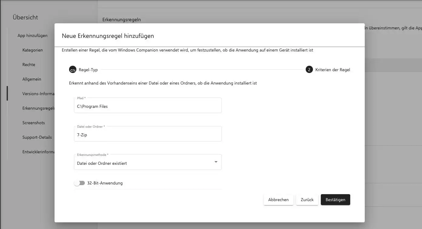 Eingabemaske in Relution zur Konfiguration der „Datei“-Erkennungsregel mit Feldern für den Installationspfad, die Ordnerauswahl und die Architektur des Programms (32-Bit oder 64-Bit)
