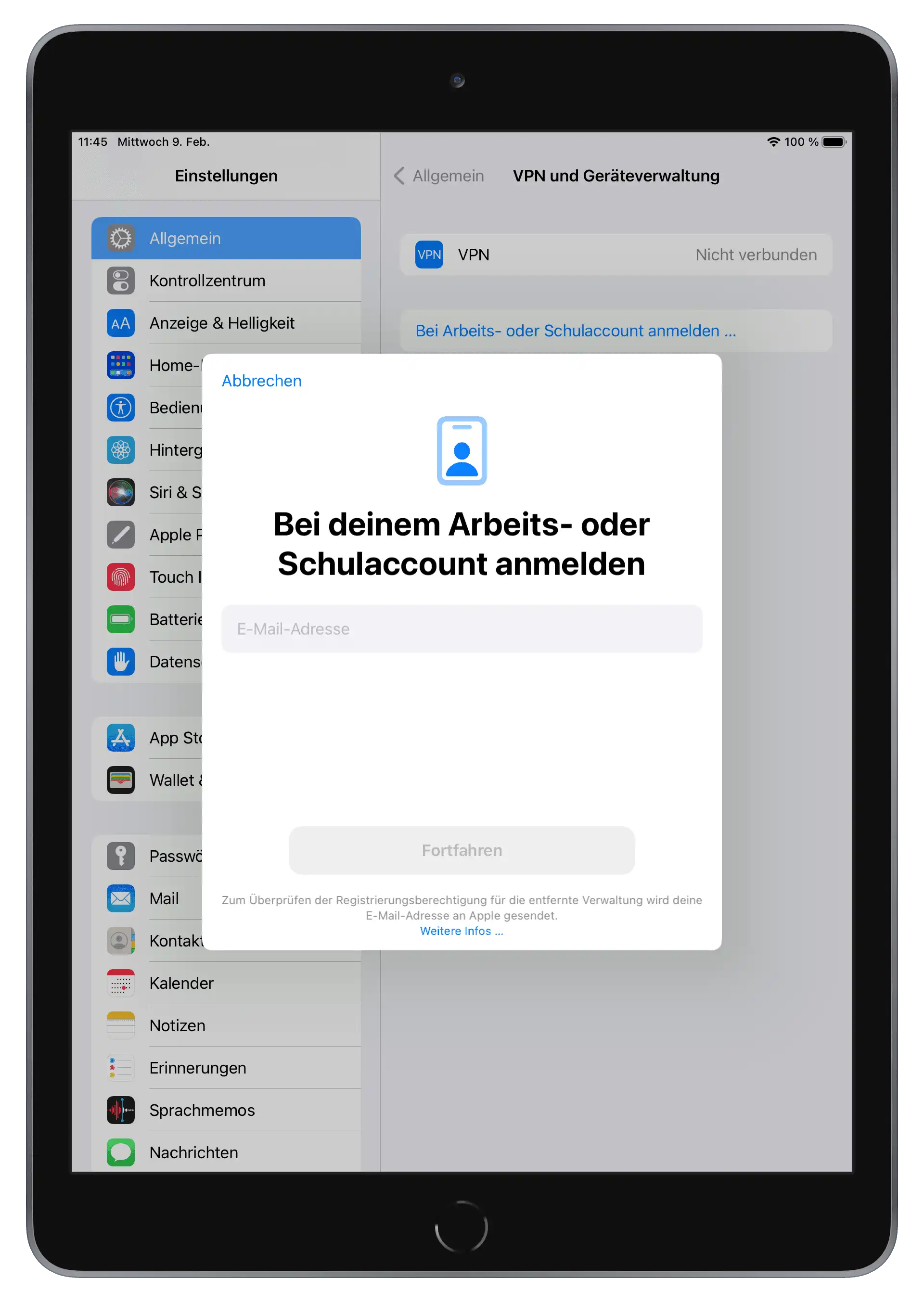 Registrierung eines privaten Geräts über die Funktion „Bei Arbeits- oder Schulaccount anmelden…“ in den Mac-Einstellungen mit automatischer Benutzer-Einschreibung in Relution