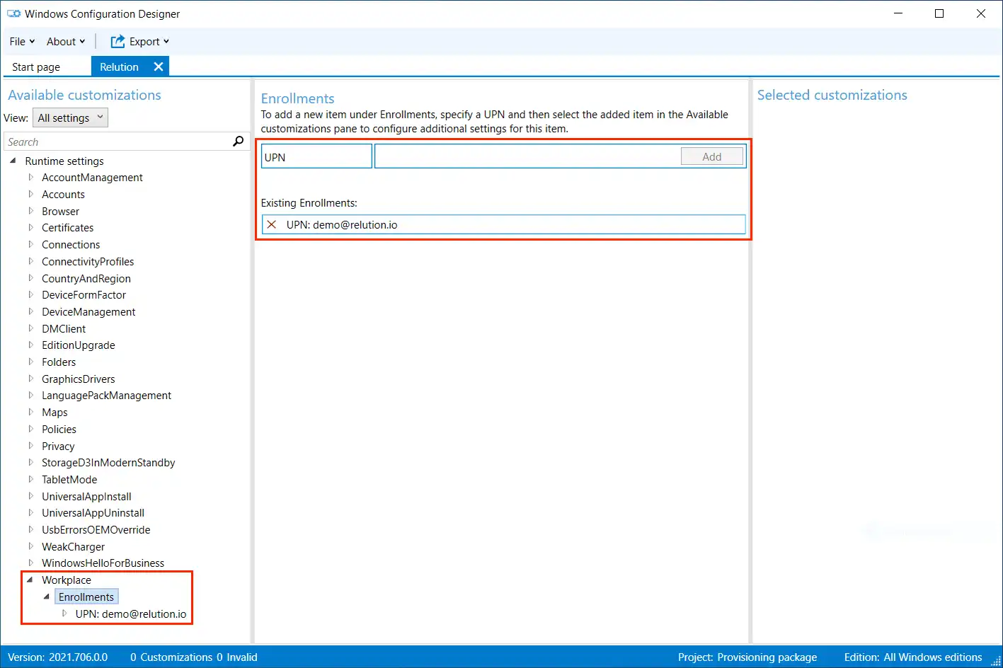 Ansicht in Relution unter „Laufzeiteinstellungen“ -> „Workplace“ mit der Option, unter „Registrierungen“ die E-Mail-Adresse eines Benutzers mit Device Manager Rechten hinzuzufügen