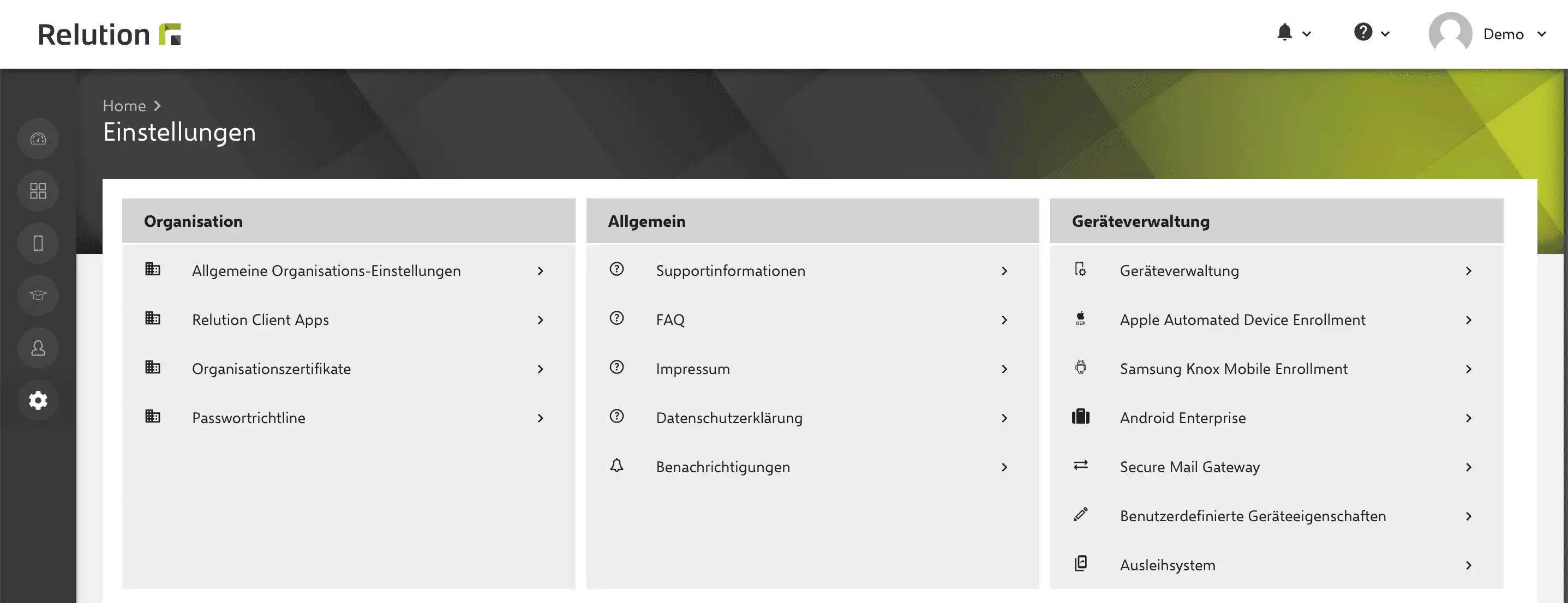Einstellungsübersicht in Relution mit allen verfügbaren Punkten, einschließlich „Ausleihsystem“