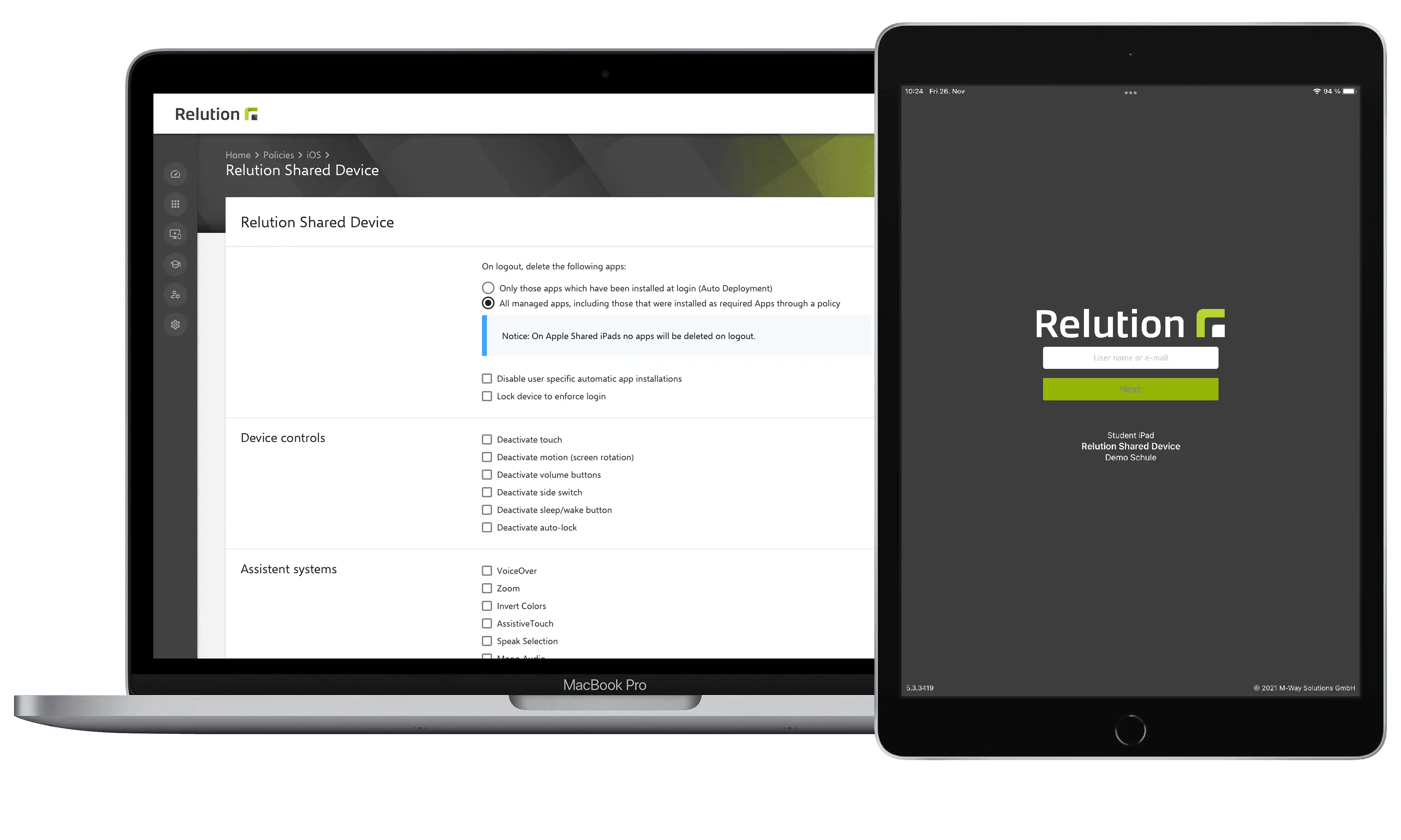A la izquierda, un portátil con varios ajustes para Relution Shared Device; a la derecha, un iPad con la interfaz de inicio de sesión de Relution