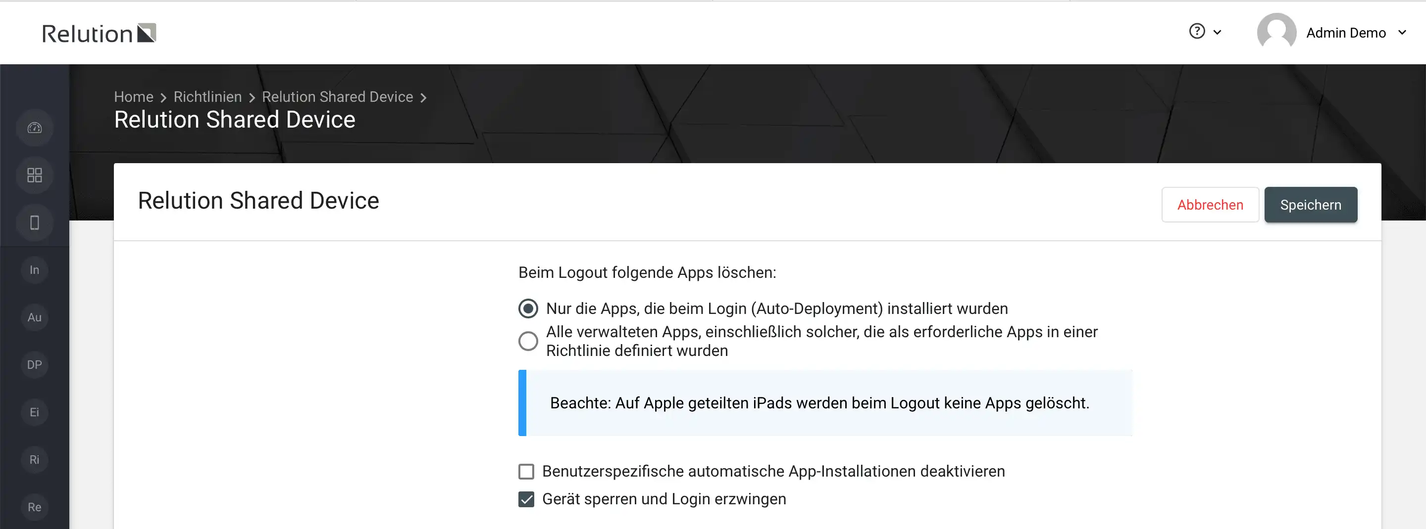 Option „Gerät sperren und Login erzwingen“ in der Relution Shared Device Konfiguration für den Single-App-Modus