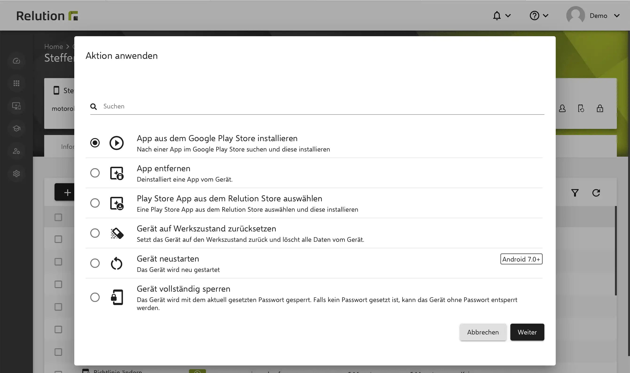Gerätedetails in Relution mit der Option zur Installation von Google Play Store-Apps auf Android Enterprise-Geräten