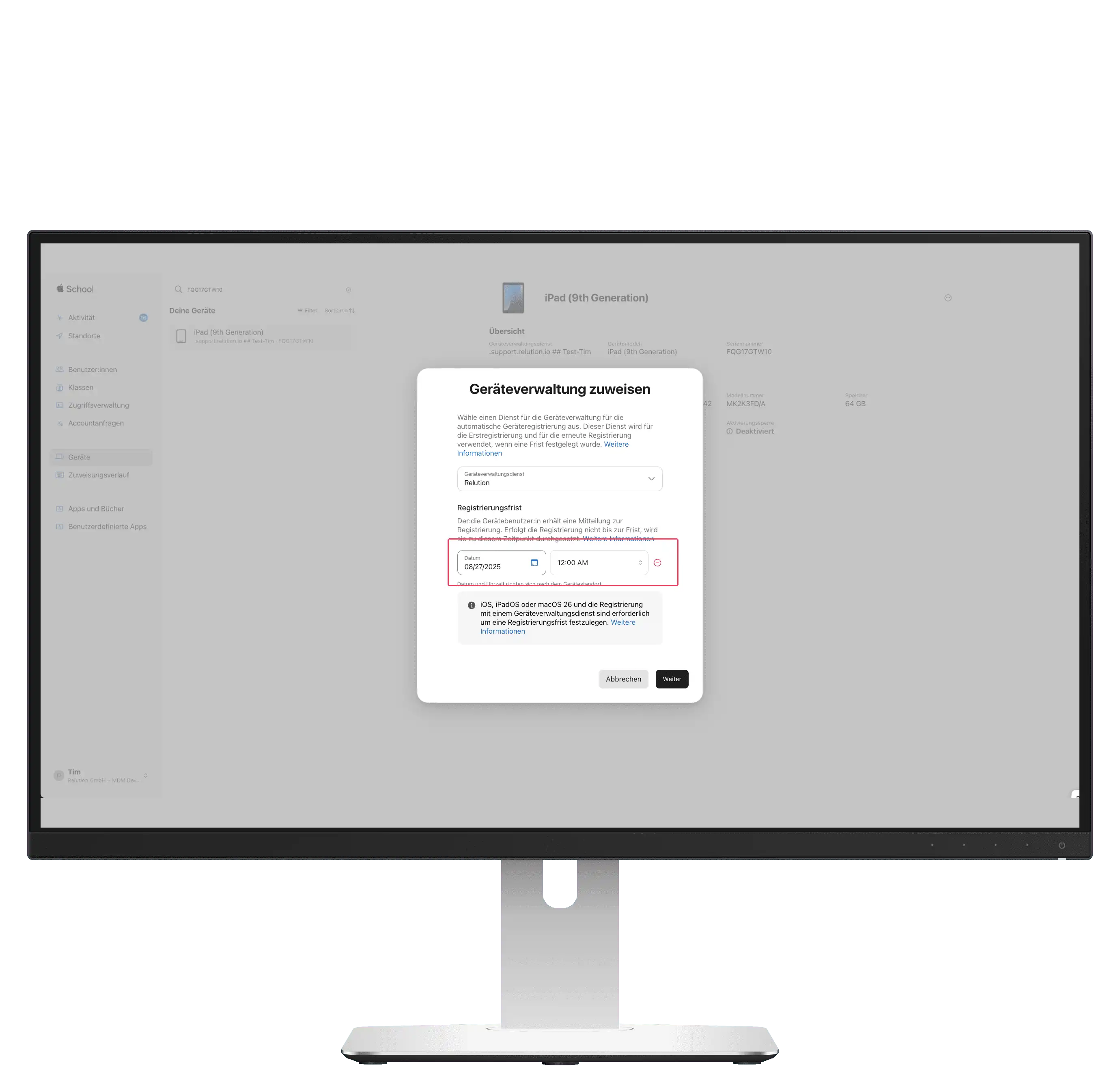 Ansicht des Apple Business Manager mit der Option, Geräte auszuwählen und die Geräteverwaltung zuzuweisen, einschließlich der Festlegung einer Migrationsfrist