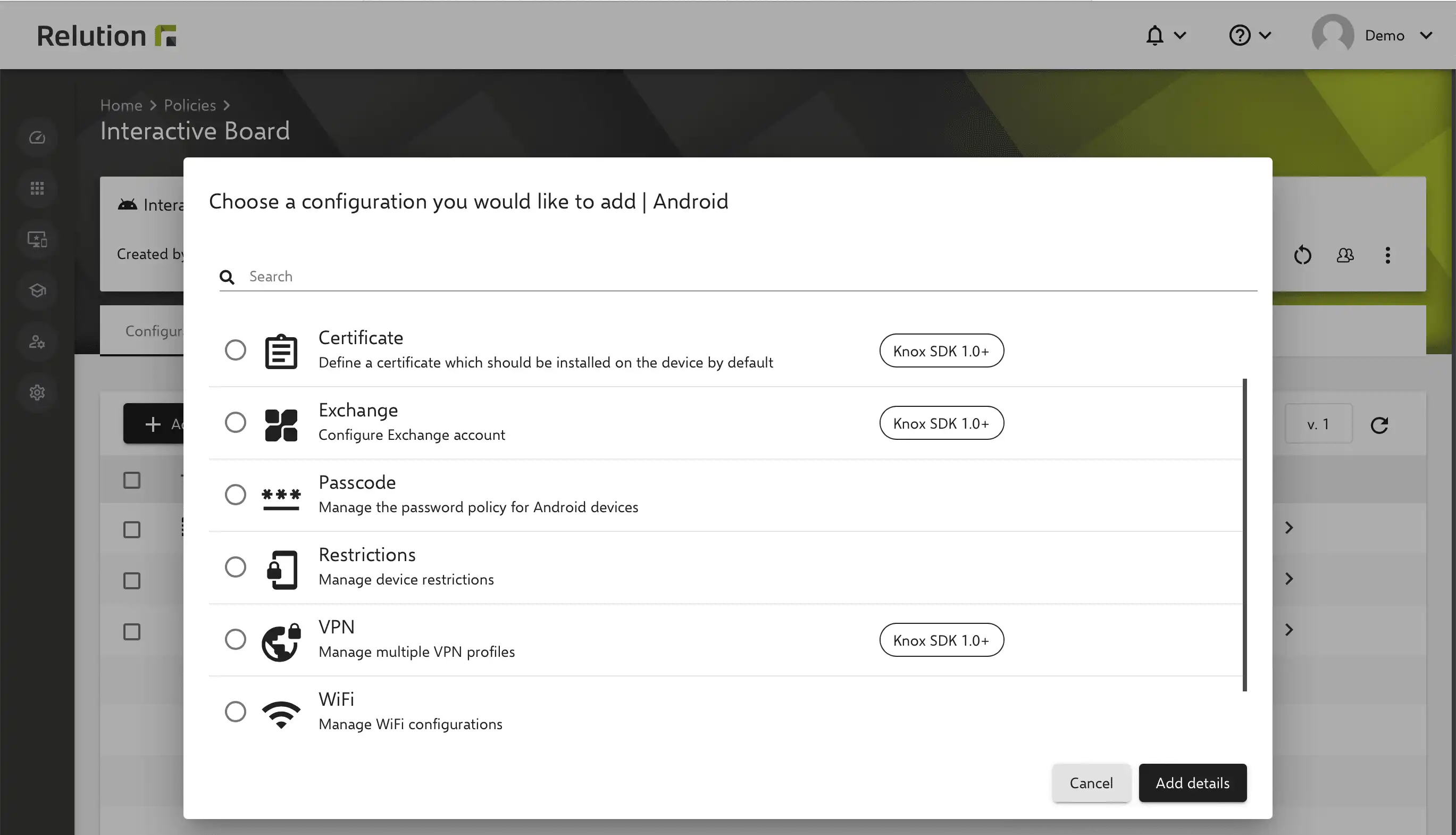 Opzioni di configurazione aggiuntive per lavagne interattive in Relution, inclusi i parametri WiFi scolastici preconfigurati applicabili tramite Android Classic, esclusi i parametri « Knox SDK »