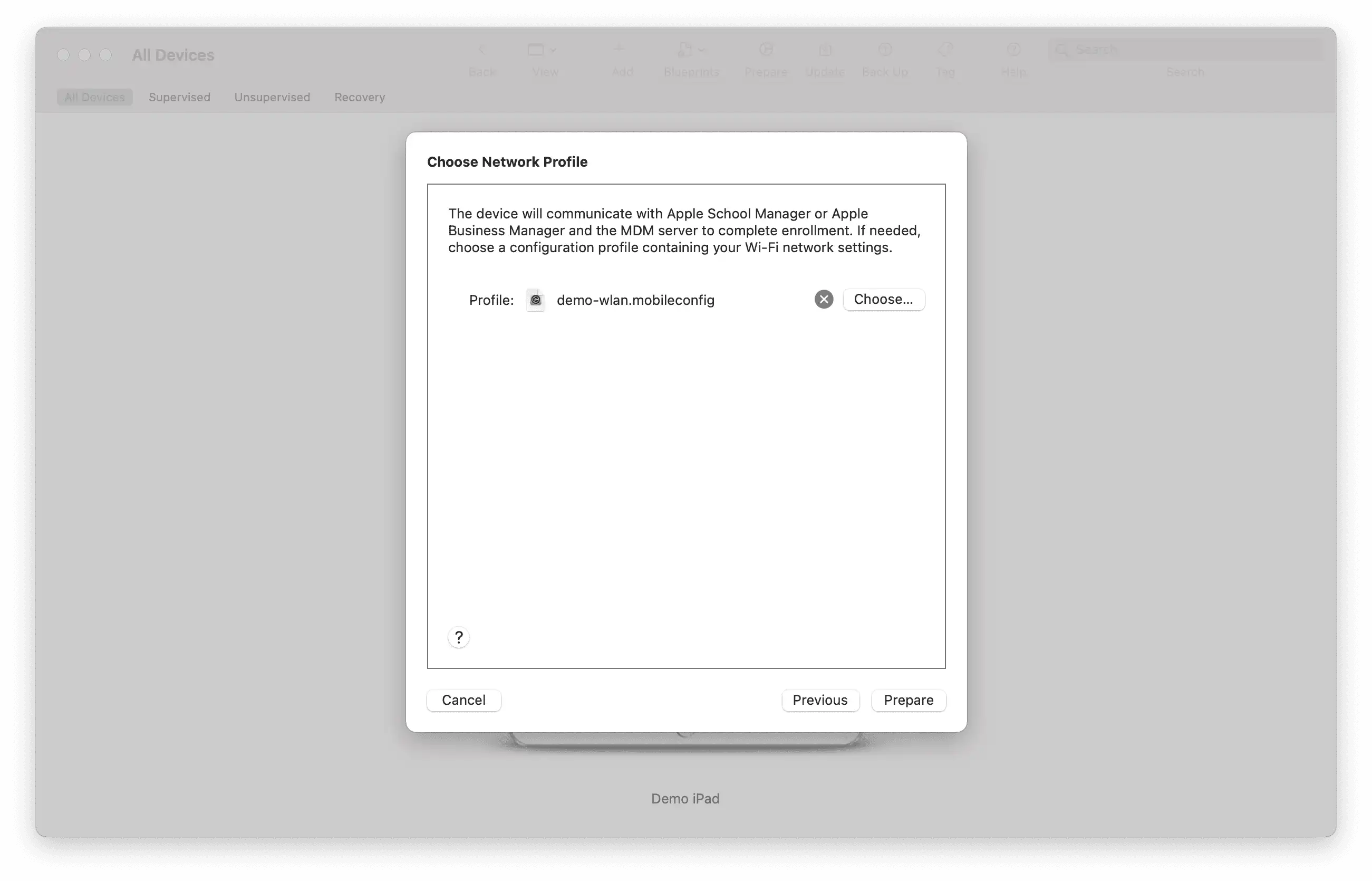 Vista de la selección de perfiles en Apple Configurator 2 con un perfil de configuración WiFi previamente creado para la conexión automática después del reinicio