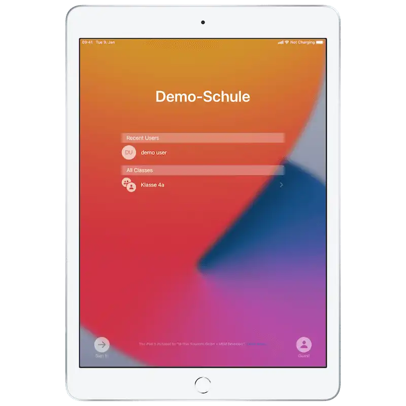 Schermo di iPad con la maschera di accesso e l’opzione di accesso ospite tramite il pulsante « Ospite » in basso a destra dello schermo iniziale e accesso con il pulsante Home