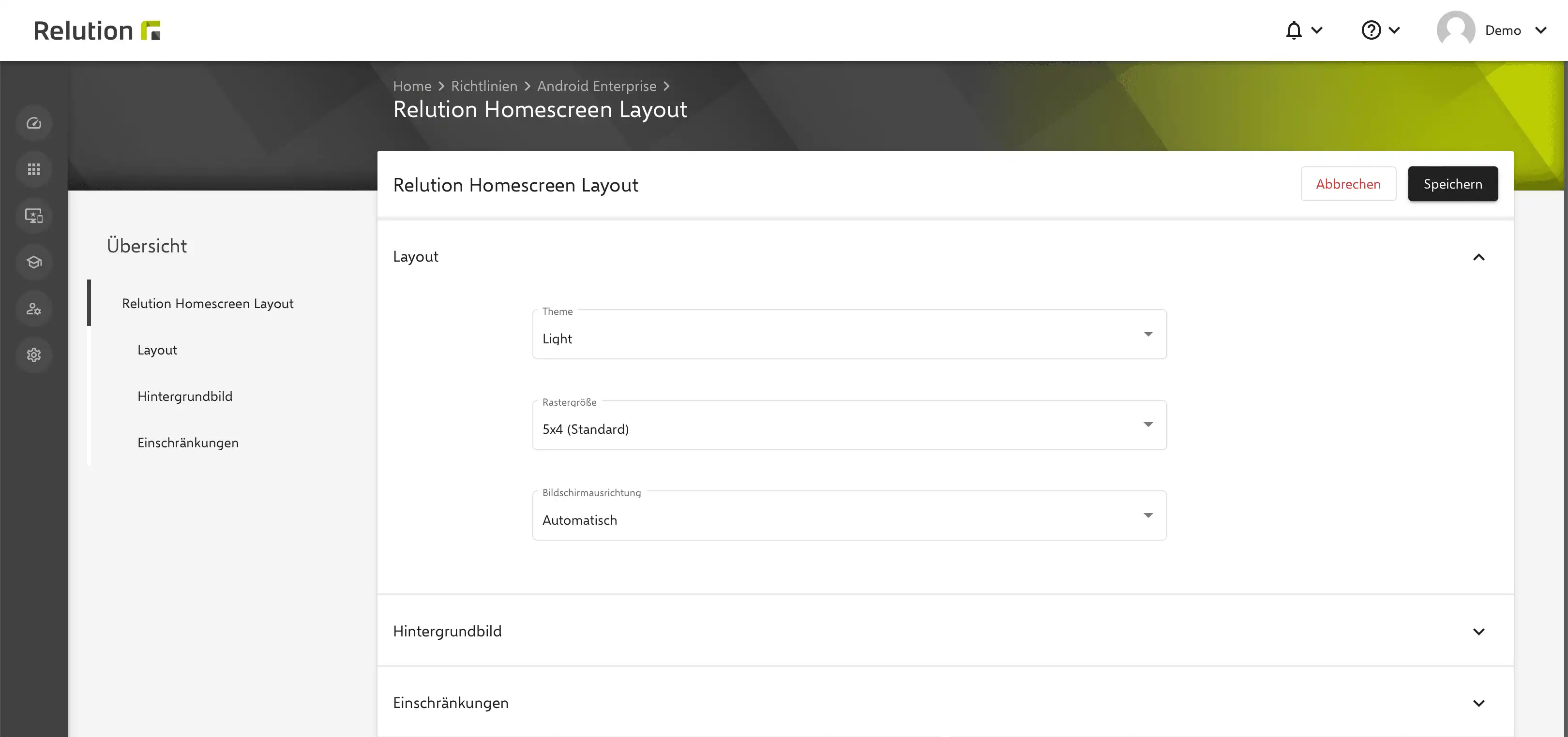 Screenshot der Relution Homescreen Layout-Konfiguration mit Einstellungen für Theme, Rastergröße und Bildschirmausrichtung
