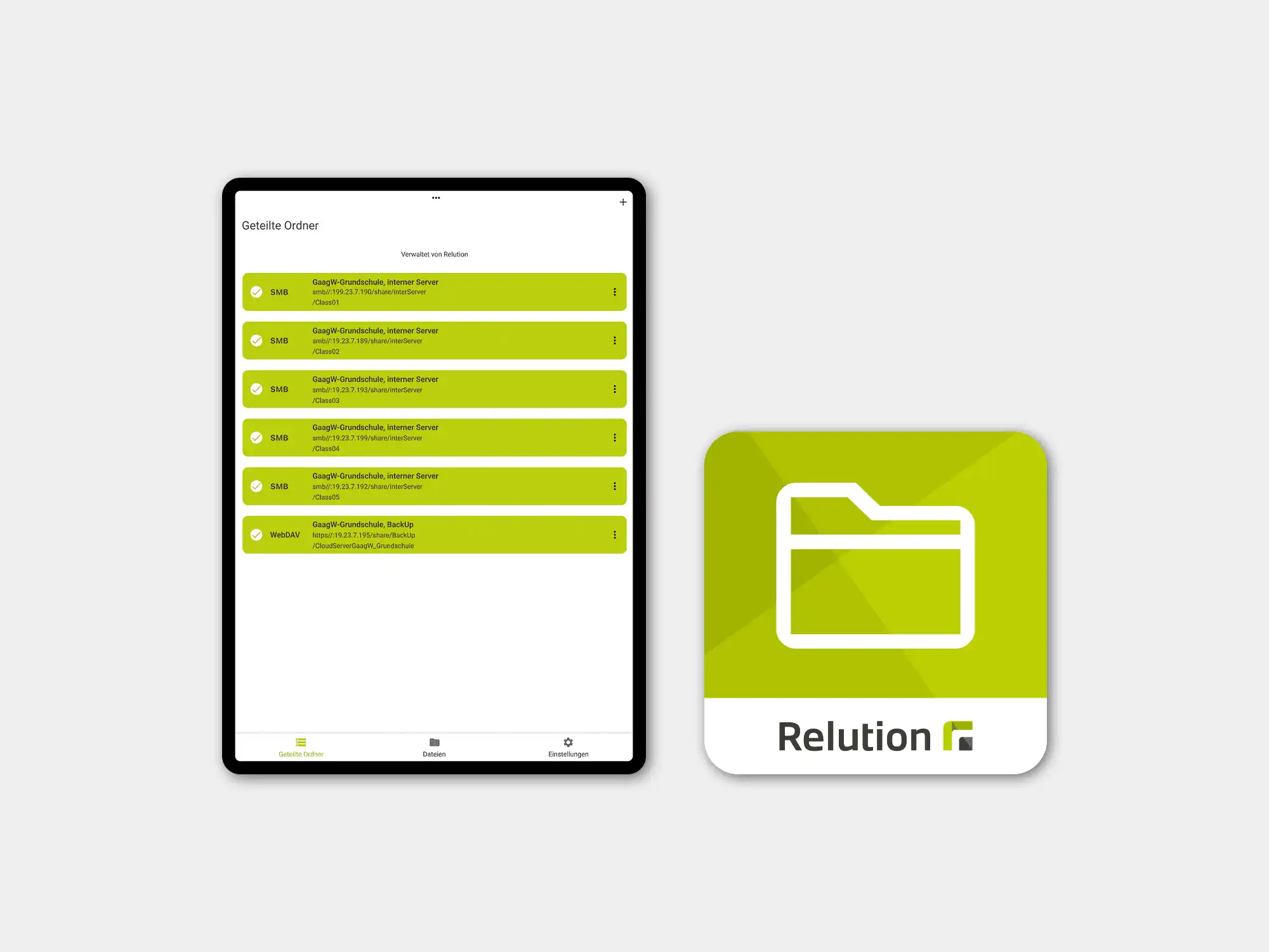 Auf einem iPad sind verschiedene Ordner mit unterschiedlichen Daten und Beschriftungen sichtbar, daneben ist das Logo der Relution Files App abgebildet